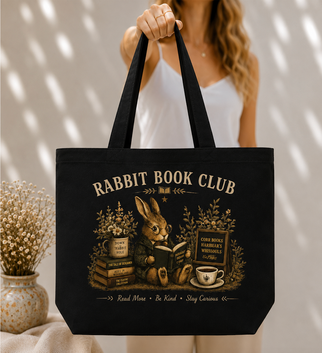 Rabbit Book Club Canvas Tote – Vintage Reading Bunny Bag for Book Lovers