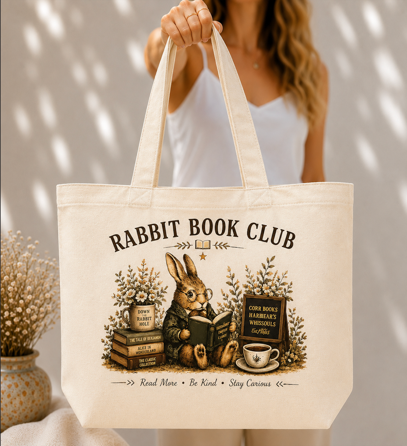 Rabbit Book Club Canvas Tote – Vintage Reading Bunny Bag for Book Lovers