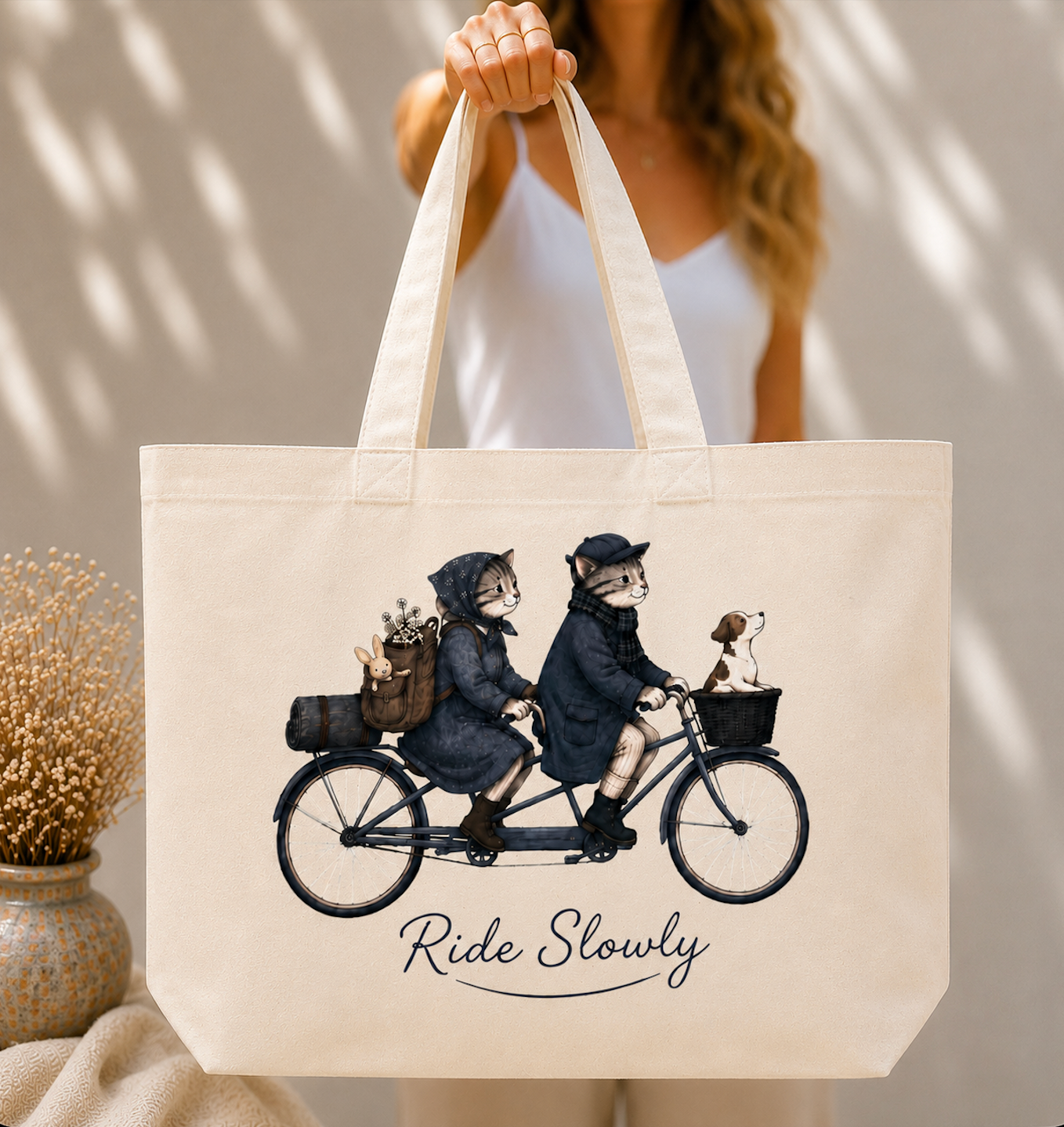 Cats Riding Vintage Bicycle Canvas Tote Bag | Whimsical Animal Lover Market Bag