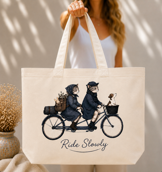 Cats Riding Vintage Bicycle Canvas Tote Bag | Whimsical Animal Lover Market Bag