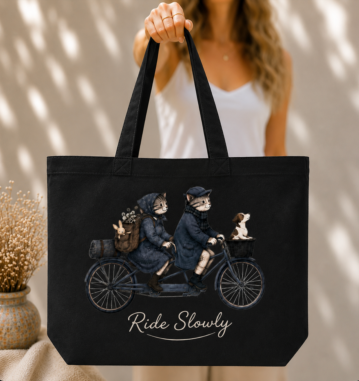Cats Riding Vintage Bicycle Canvas Tote Bag | Whimsical Animal Lover Market Bag