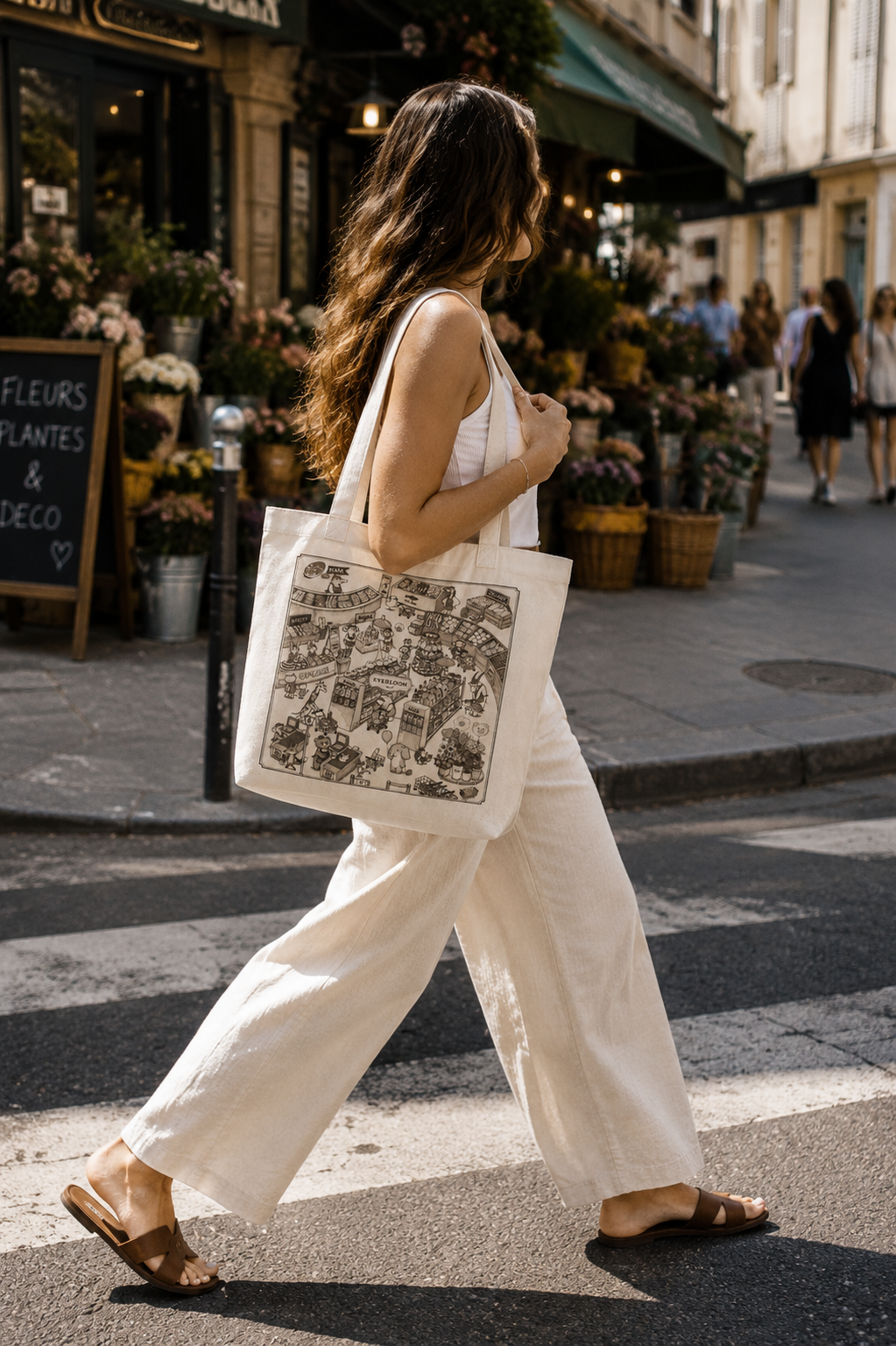 Vintage Grocery Market Canvas Tote Bag – Whimsical Storybook Illustration