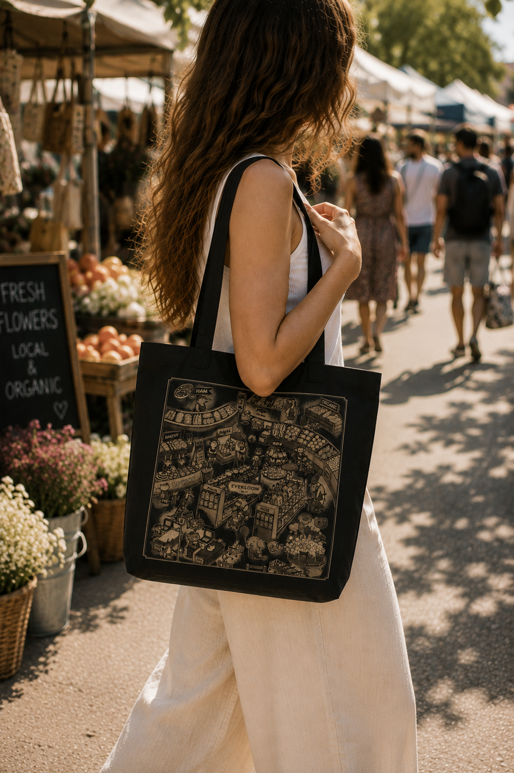 Vintage Grocery Market Canvas Tote Bag – Whimsical Storybook Illustration