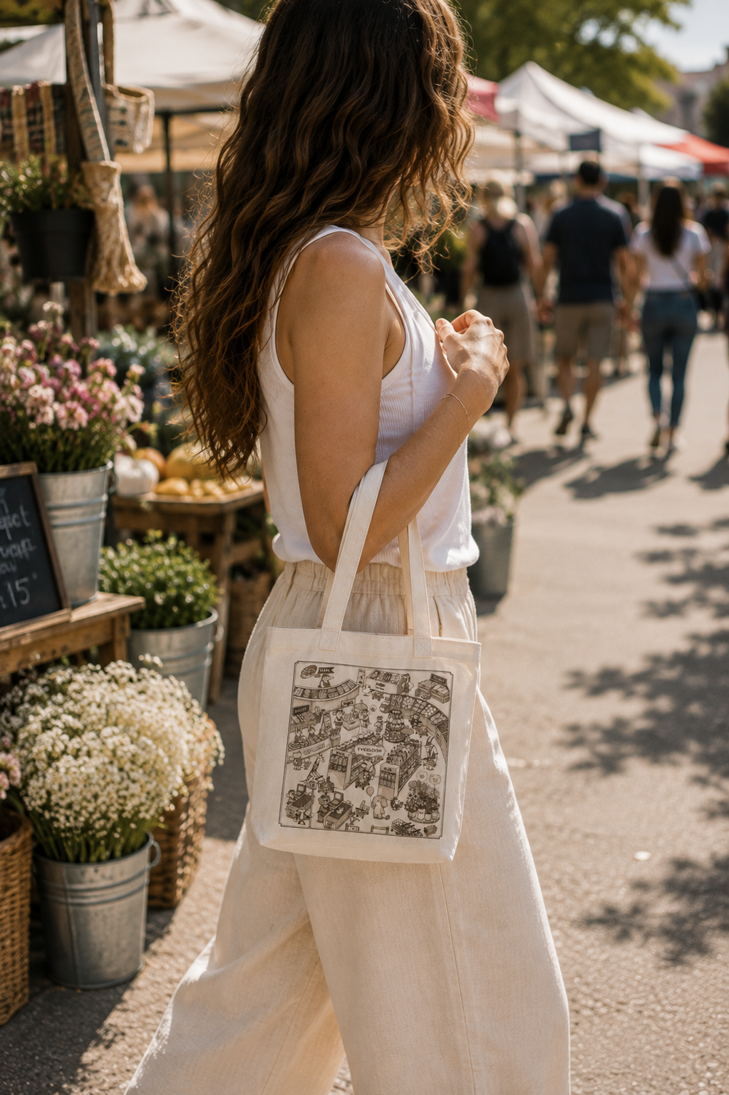 Vintage Grocery Market Canvas Tote Bag – Whimsical Storybook Illustration