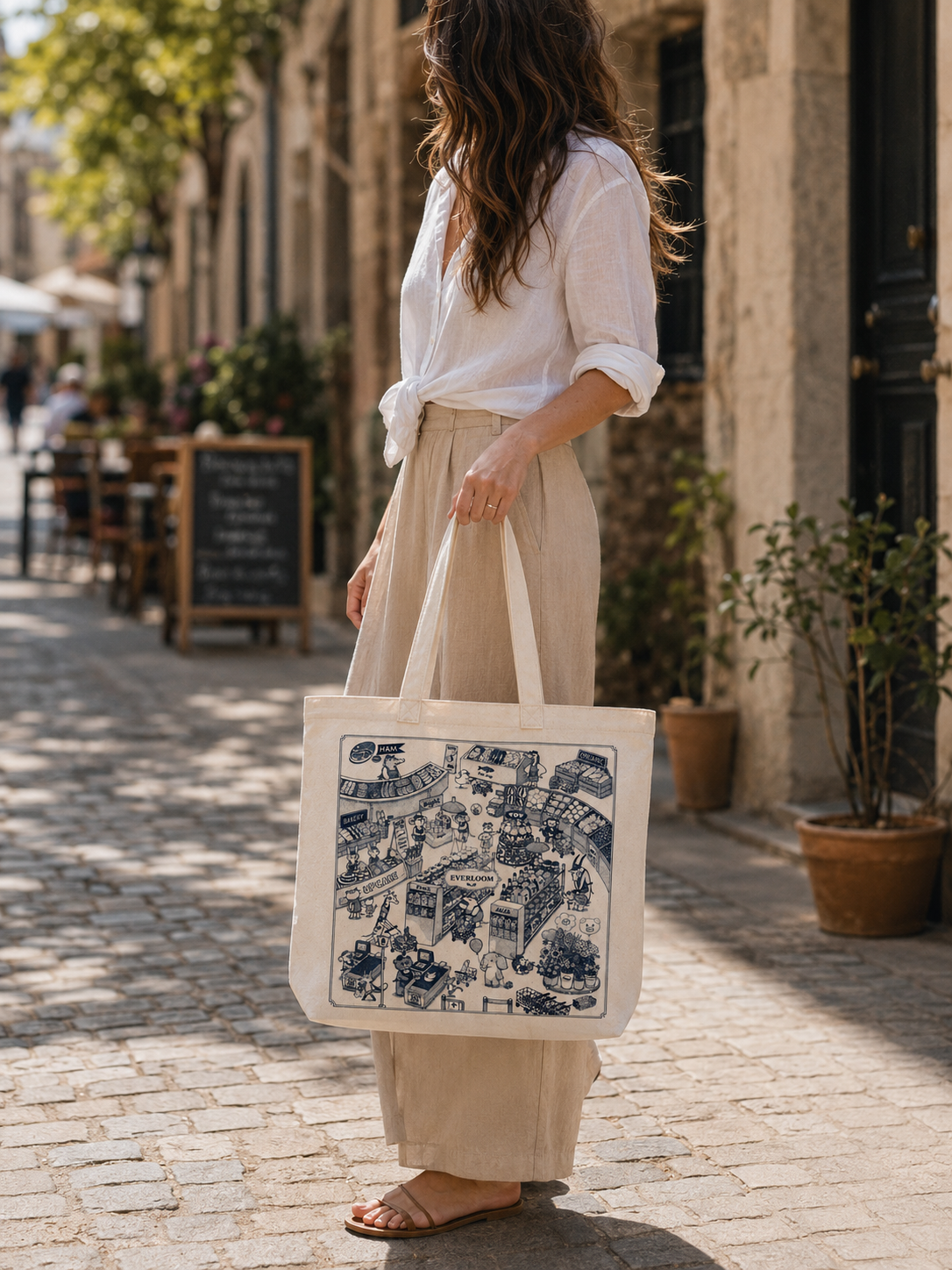 Whimsical Grocery Market Canvas Tote Bag – Hand Drawn Store Illustration
