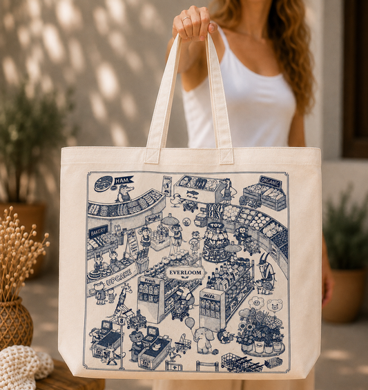 Whimsical Grocery Market Canvas Tote Bag – Hand Drawn Store Illustration