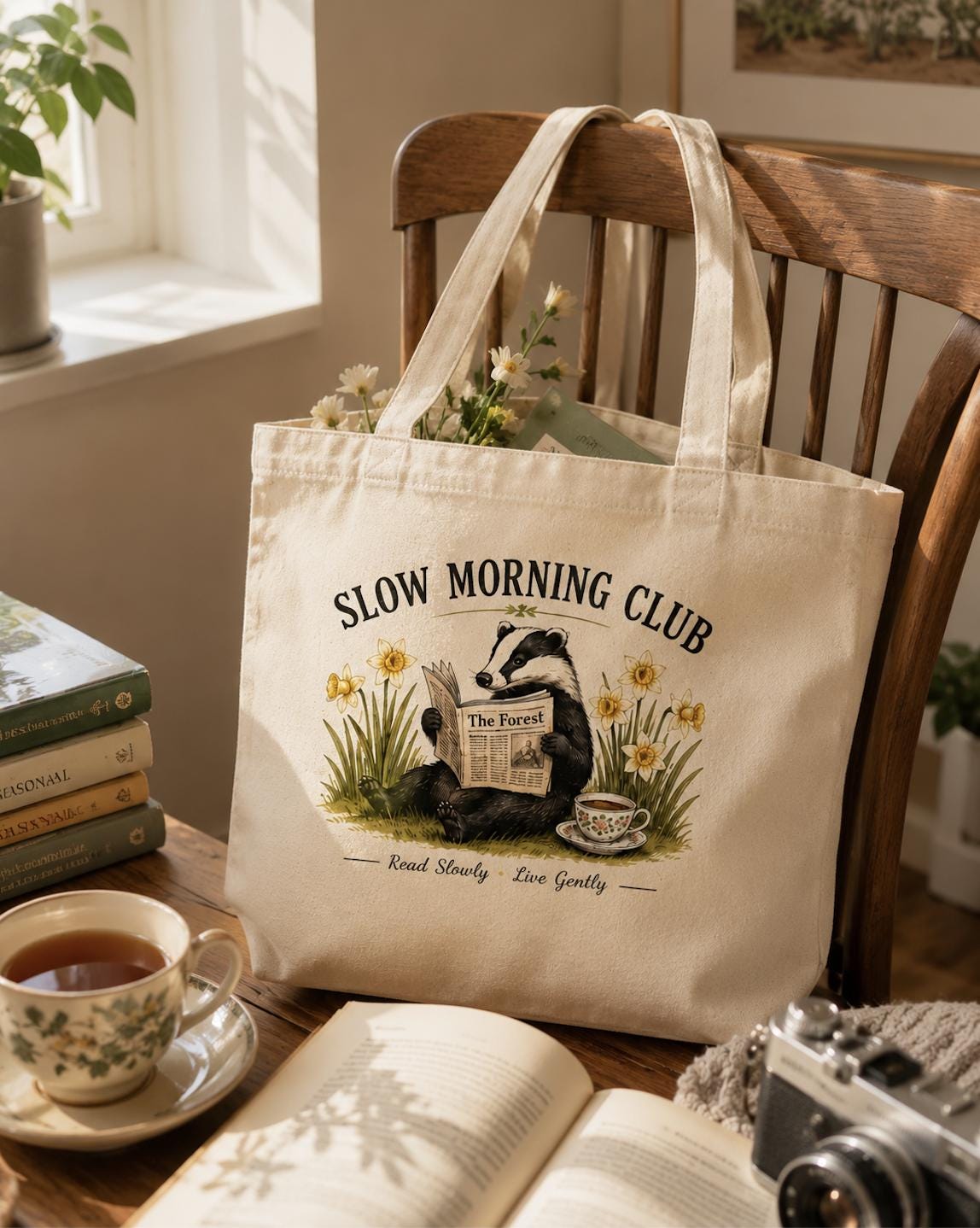 Slow Morning Club Canvas Tote Bag, Reading Badger Book Lover Tote, Cottagecore Book Bag, Nature Market Tote, Eco Cotton Gift for Readers