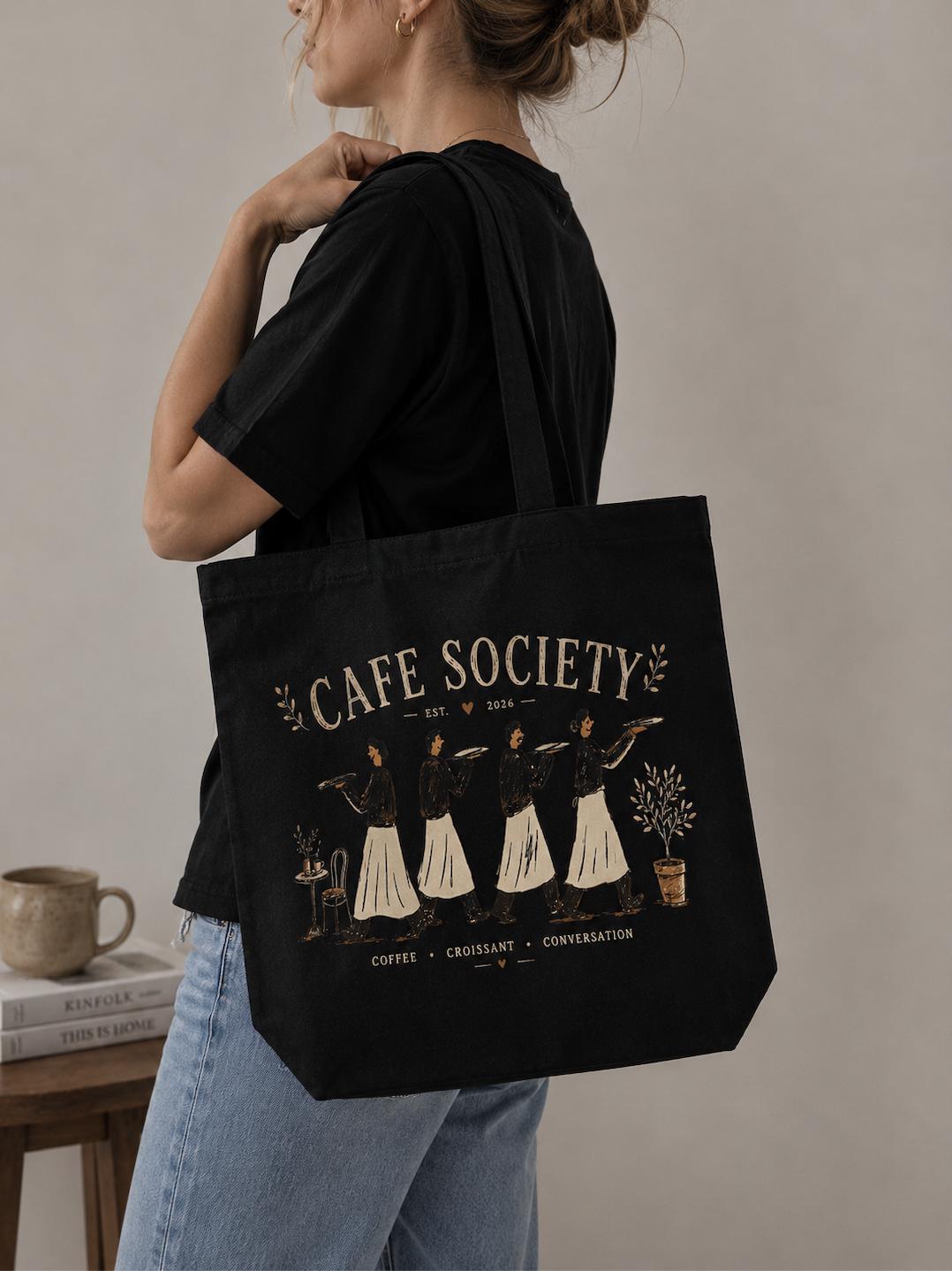 Cafe Society Canvas Tote Bag, Coffee Lover Tote, French Cafe Market Bag, Barista Gift, Croissant Canvas Tote, Minimalist Cotton Shopping Bag