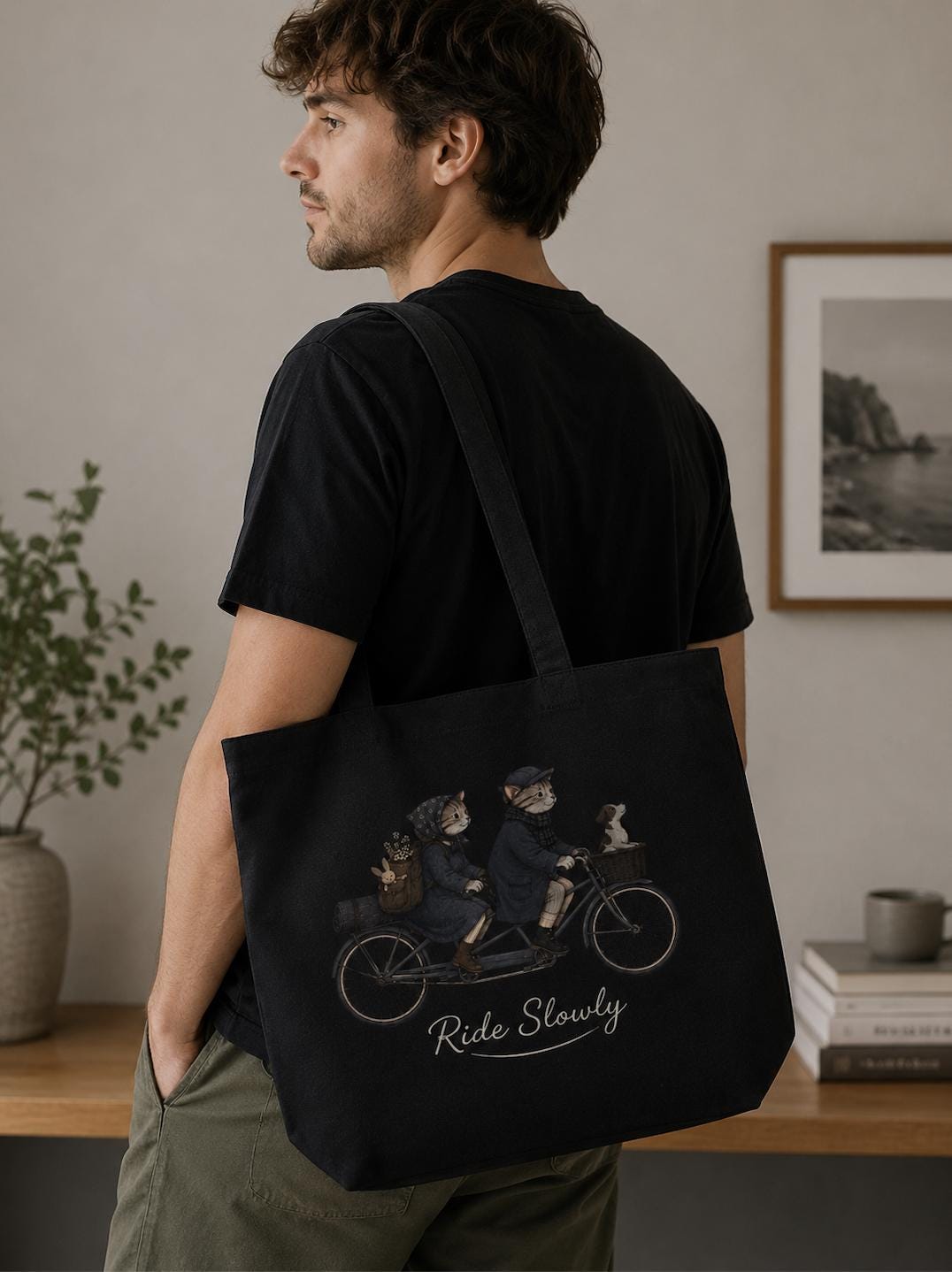 Ride Slowly Canvas Tote Bag, Cat Lover Bicycle Tote, Cute Cats on Tandem Bike, Cottagecore Canvas Bag, Book Lover Market Tote Gift