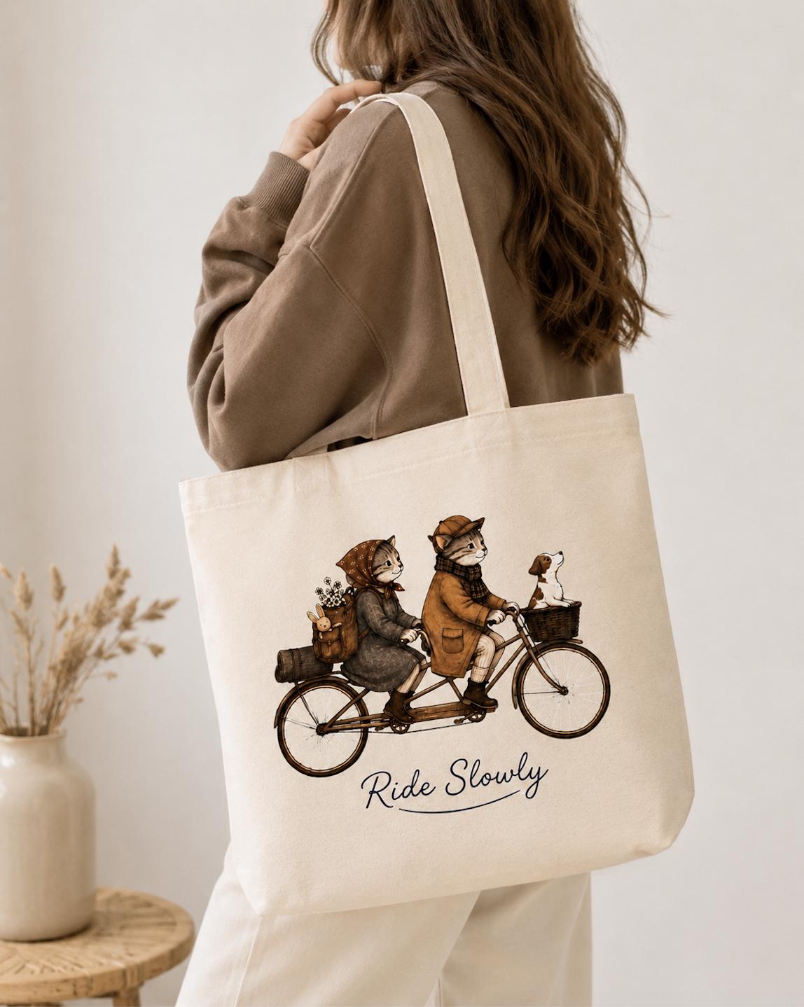 Ride Slowly Canvas Tote Bag, Autumn Cat Bicycle Tote, Cottagecore Cat Lover Bag, Vintage Tandem Bike Market Tote, Cute Animal Gift