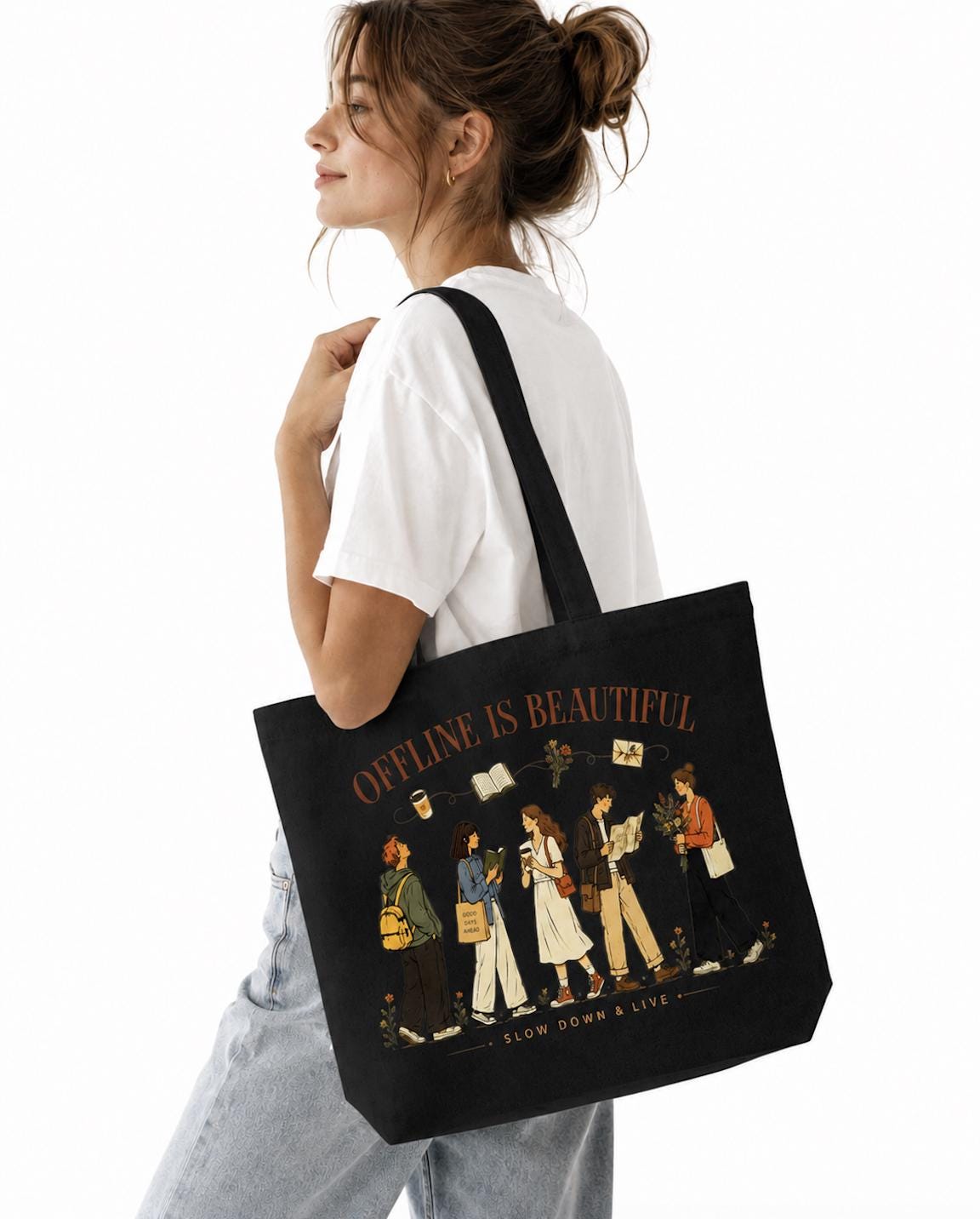 Offline Is Beautiful Canvas Tote Bag, Slow Living Tote, Book Lover Cotton Bag, Digital Detox Market Tote, Mindful Lifestyle Gift for Readers
