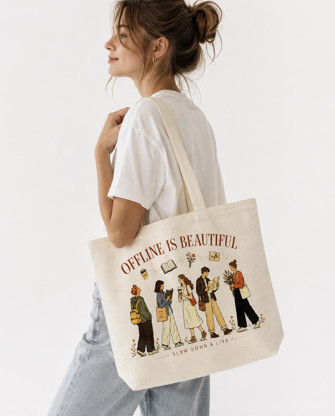 Offline Is Beautiful Canvas Tote Bag, Slow Living Tote, Book Lover Cotton Bag, Digital Detox Market Tote, Mindful Lifestyle Gift for Readers