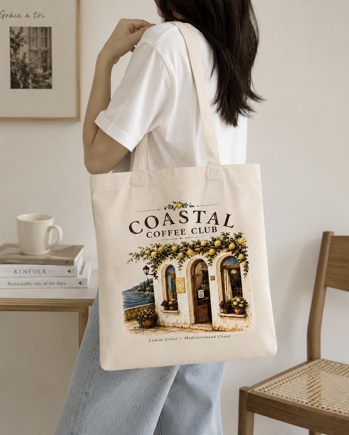 Coastal Coffee Club Canvas Tote Bag, Mediterranean Cafe Tote, Lemon Tree Market Bag, Coastal Cottage Tote, Coffee Lover Gift