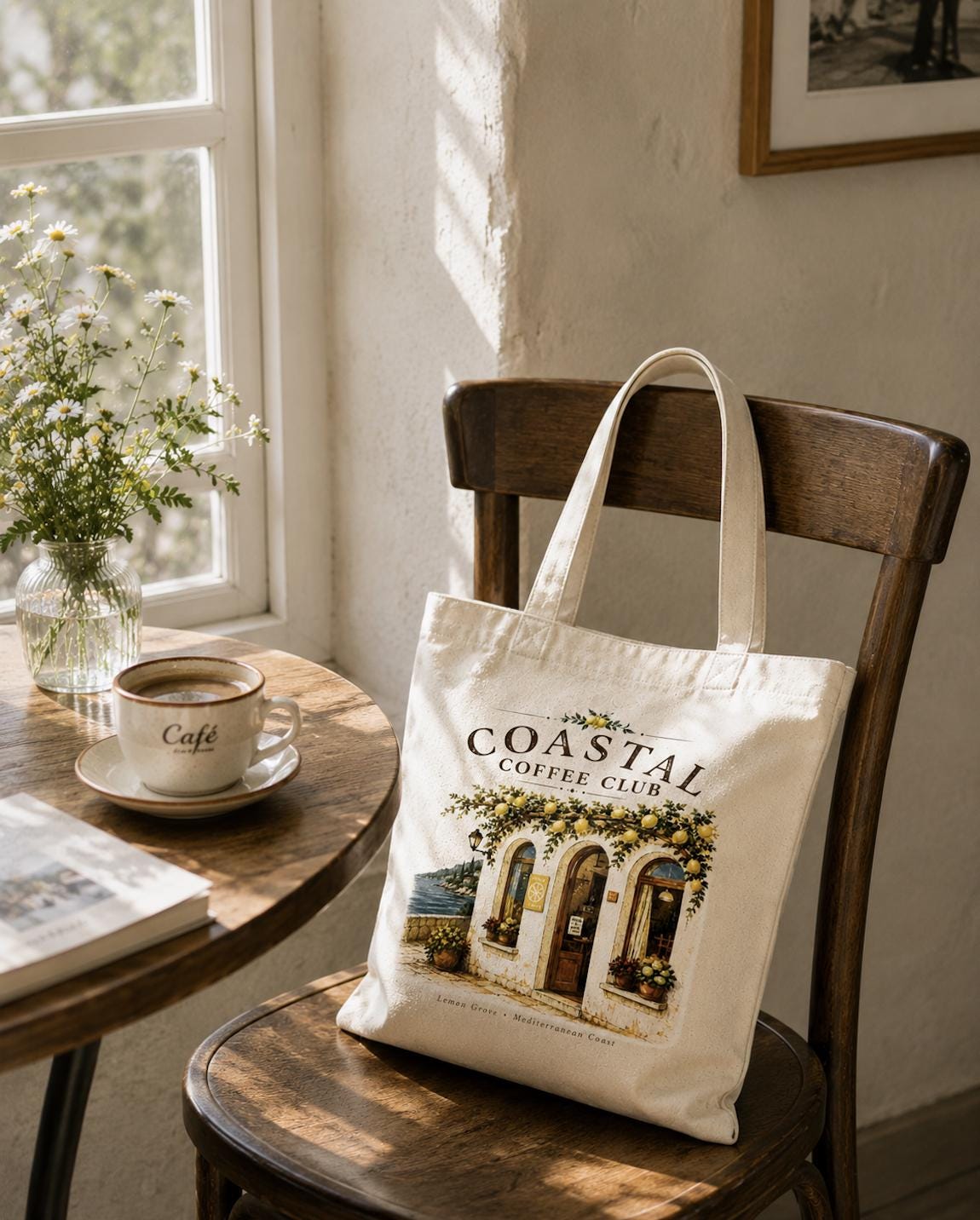 Coastal Coffee Club Canvas Tote Bag, Mediterranean Cafe Tote, Lemon Tree Market Bag, Coastal Cottage Tote, Coffee Lover Gift