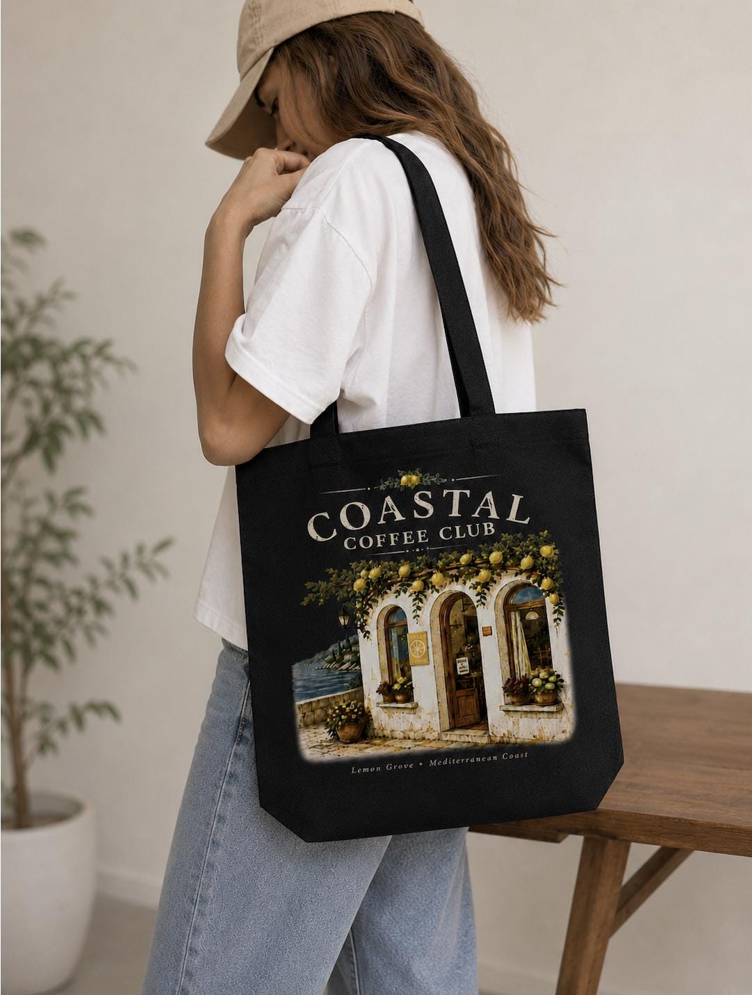 Coastal Coffee Club Canvas Tote Bag, Mediterranean Cafe Tote, Lemon Tree Market Bag, Coastal Cottage Tote, Coffee Lover Gift