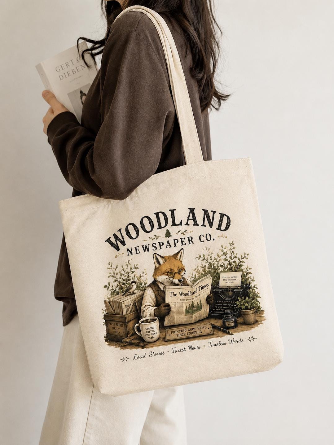 Woodland Newspaper Co Canvas Tote Bag, Fox Book Lover Tote, Cottagecore Forest Tote, Vintage Reading Bag, Woodland Animal Gift