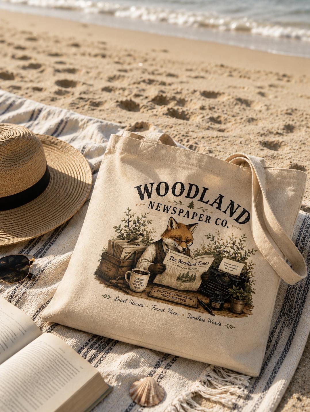 Woodland Newspaper Co Canvas Tote Bag, Fox Book Lover Tote, Cottagecore Forest Tote, Vintage Reading Bag, Woodland Animal Gift