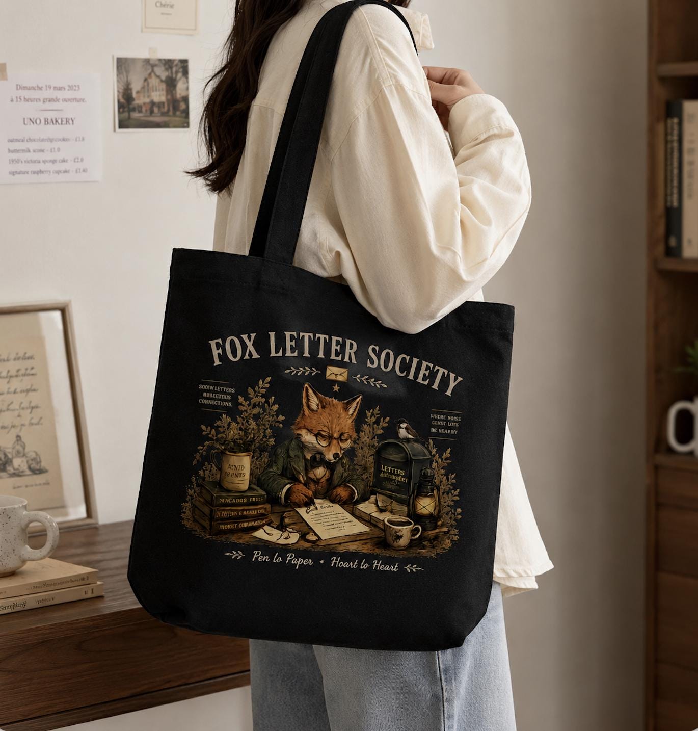 Fox Letter Society Canvas Tote Bag, Pen Pal Gift, Letter Writing Tote, Cottagecore Fox Tote, Stationery Lover Canvas Bag, Writer Gift