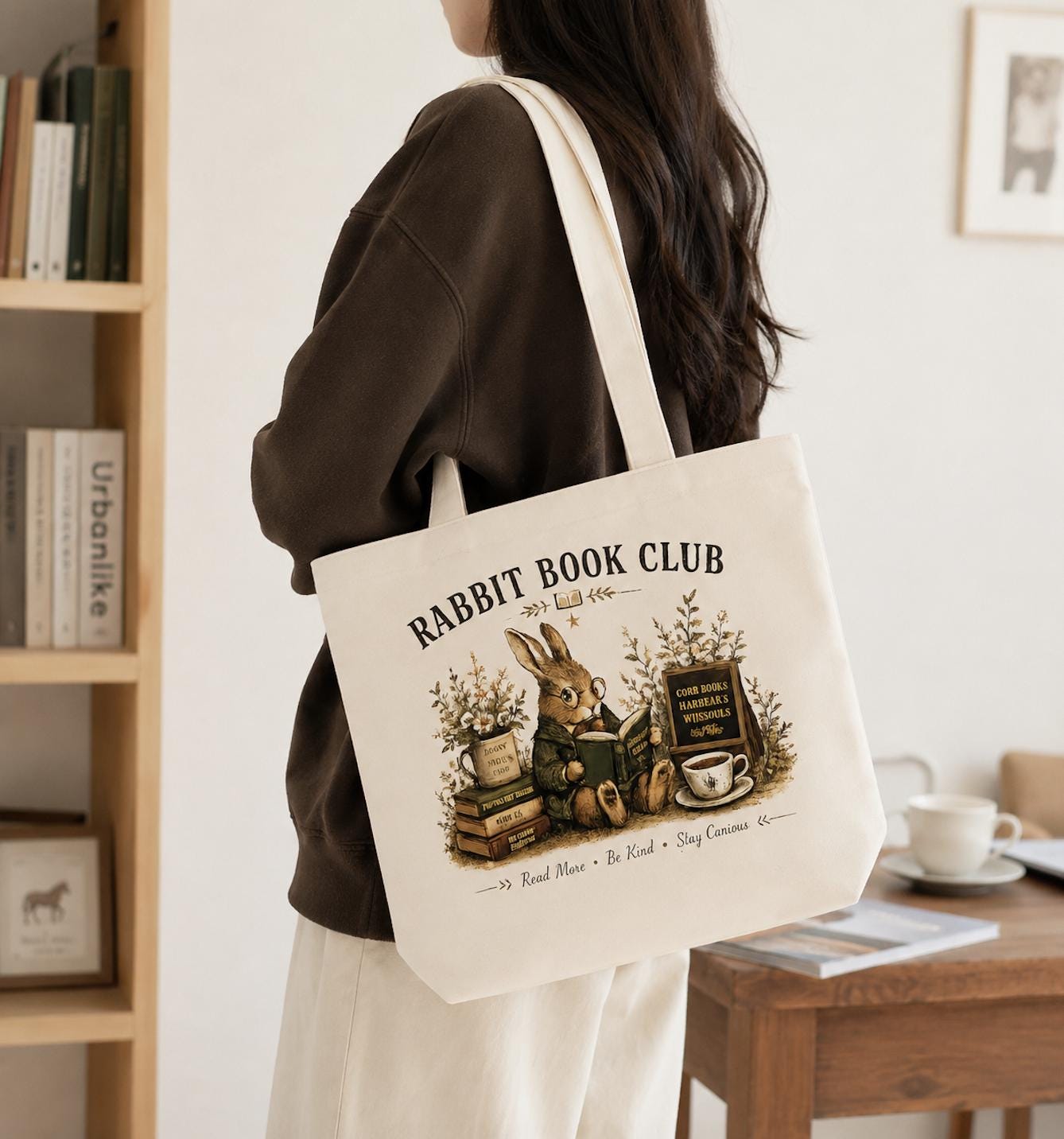 Rabbit Book Club Canvas Tote Bag, Book Lover Tote, Cottagecore Bunny Tote, Reading Canvas Bag, Cozy Library Gift, Book Club Tote