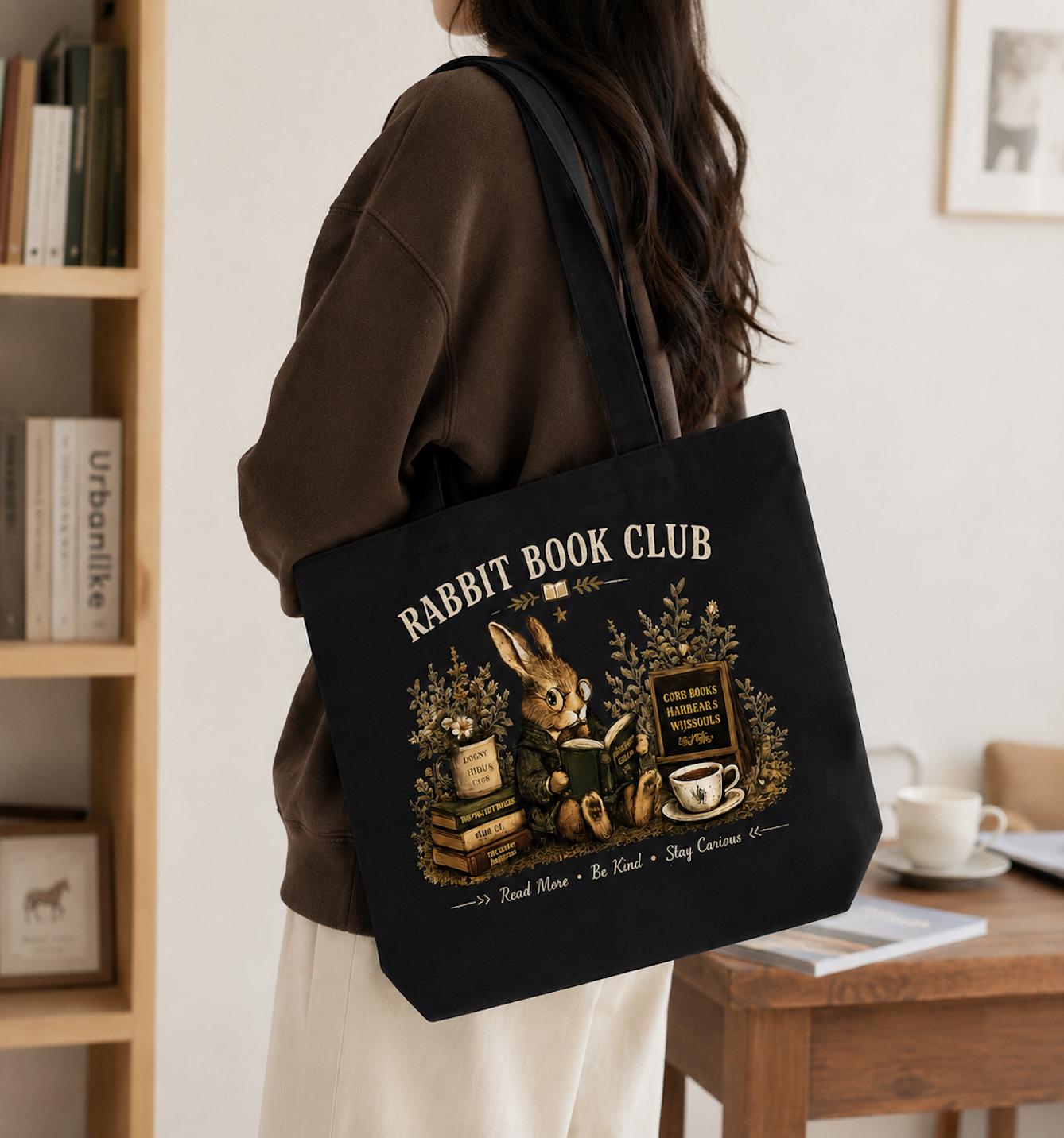 Rabbit Book Club Canvas Tote Bag, Book Lover Tote, Cottagecore Bunny Tote, Reading Canvas Bag, Cozy Library Gift, Book Club Tote