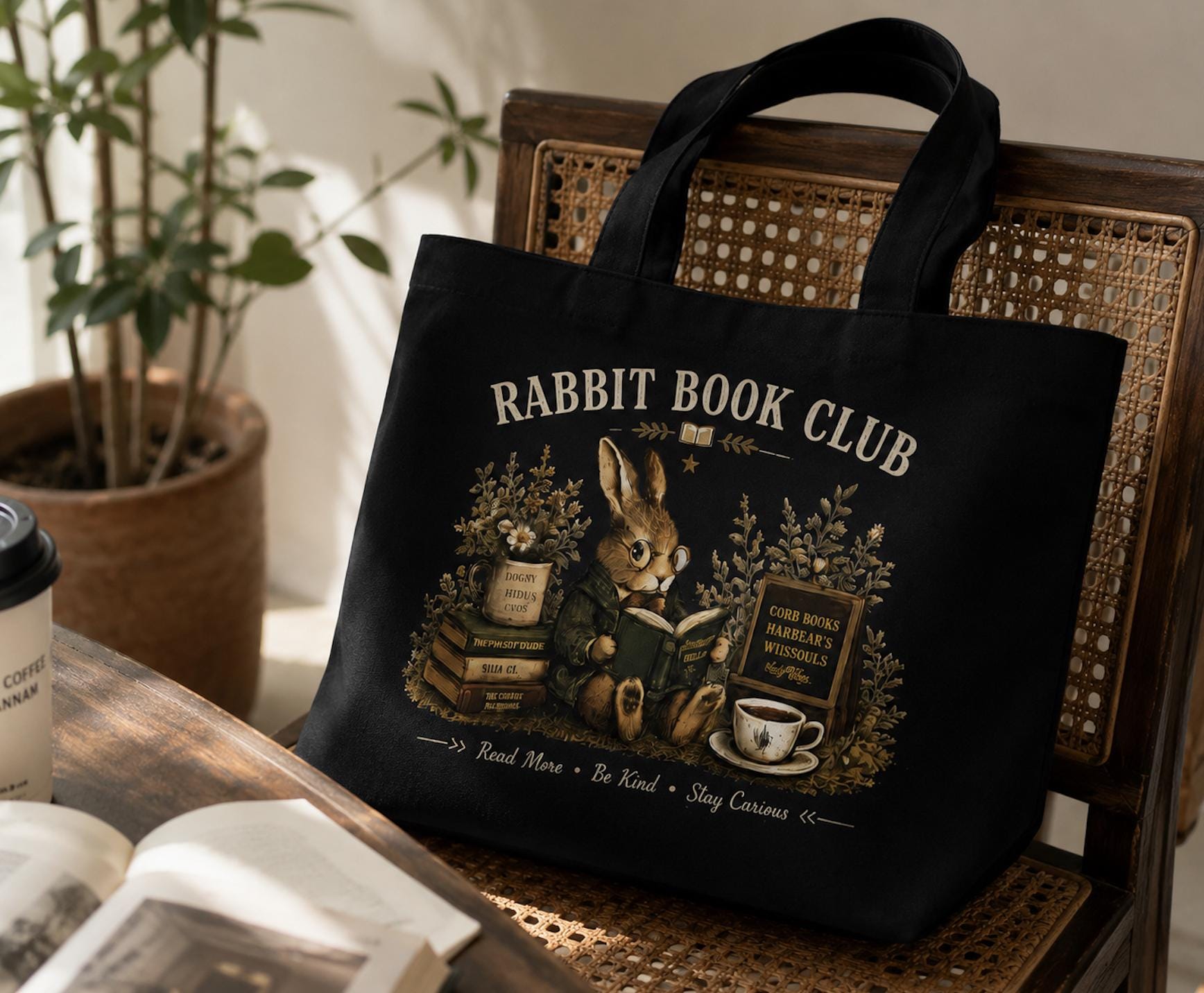 Rabbit Book Club Canvas Tote Bag, Book Lover Tote, Cottagecore Bunny Tote, Reading Canvas Bag, Cozy Library Gift, Book Club Tote