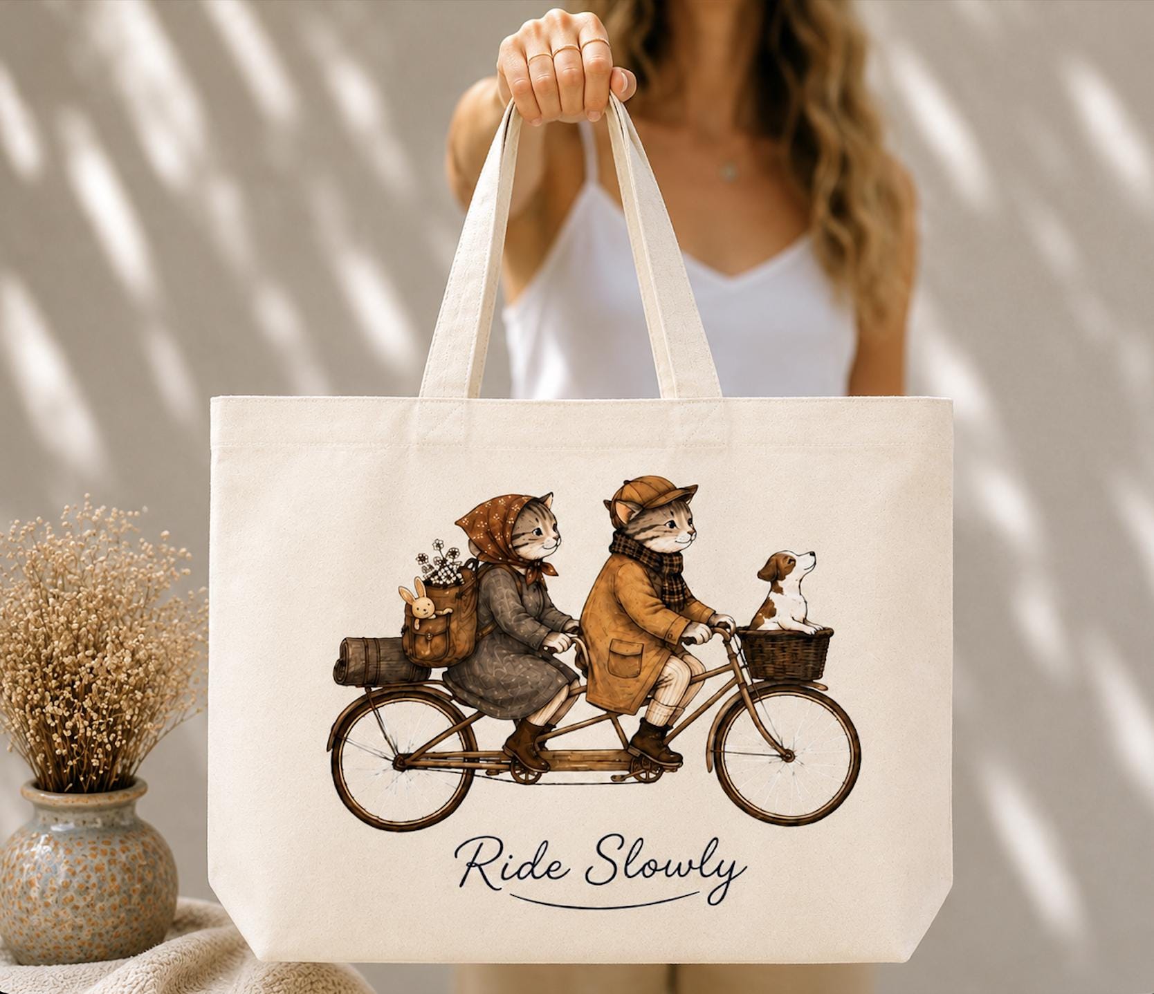 Ride Slowly Canvas Tote Bag, Autumn Cat Bicycle Tote, Cottagecore Cat Lover Bag, Vintage Tandem Bike Market Tote, Cute Animal Gift