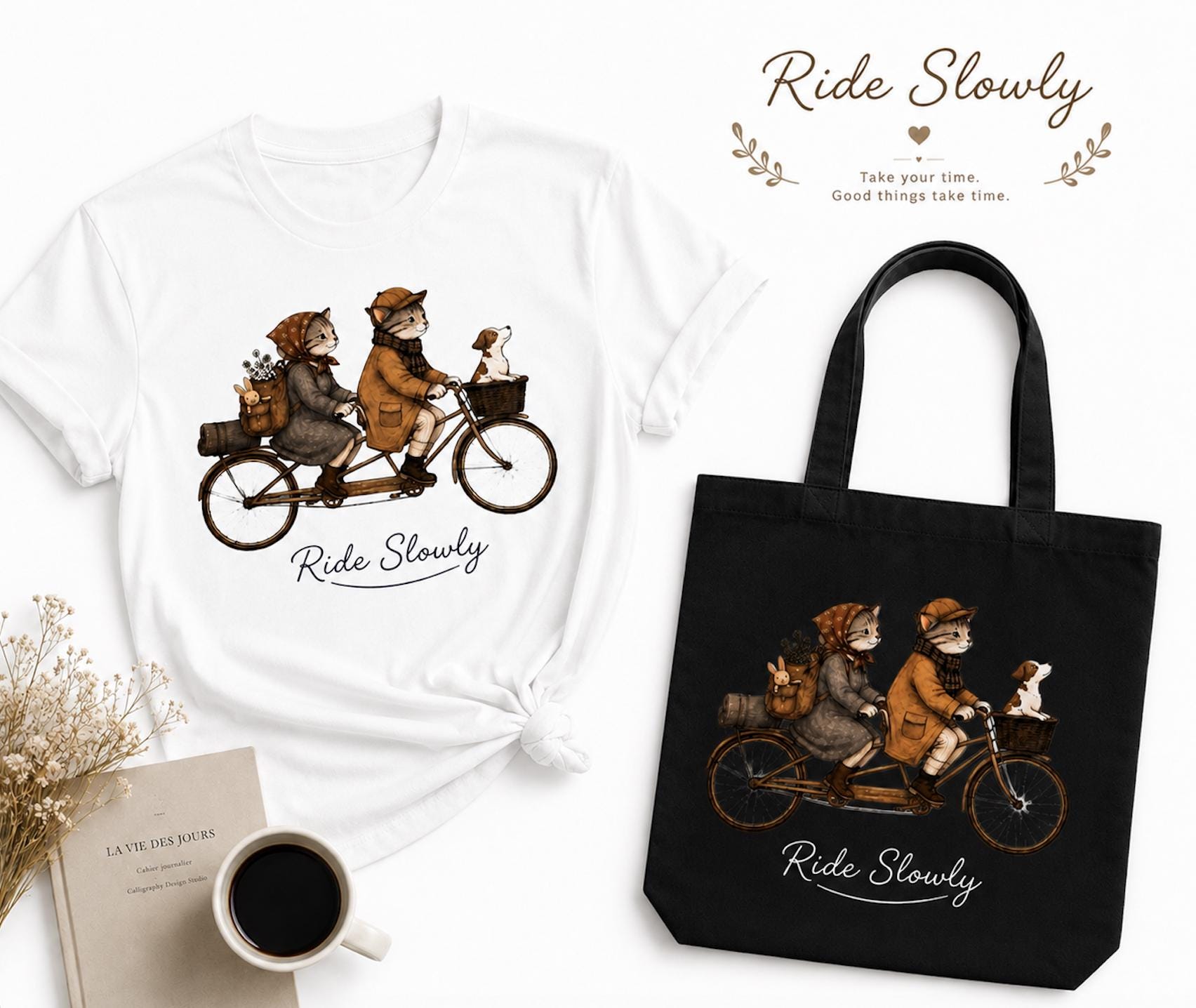 Ride Slowly Canvas Tote Bag, Autumn Cat Bicycle Tote, Cottagecore Cat Lover Bag, Vintage Tandem Bike Market Tote, Cute Animal Gift