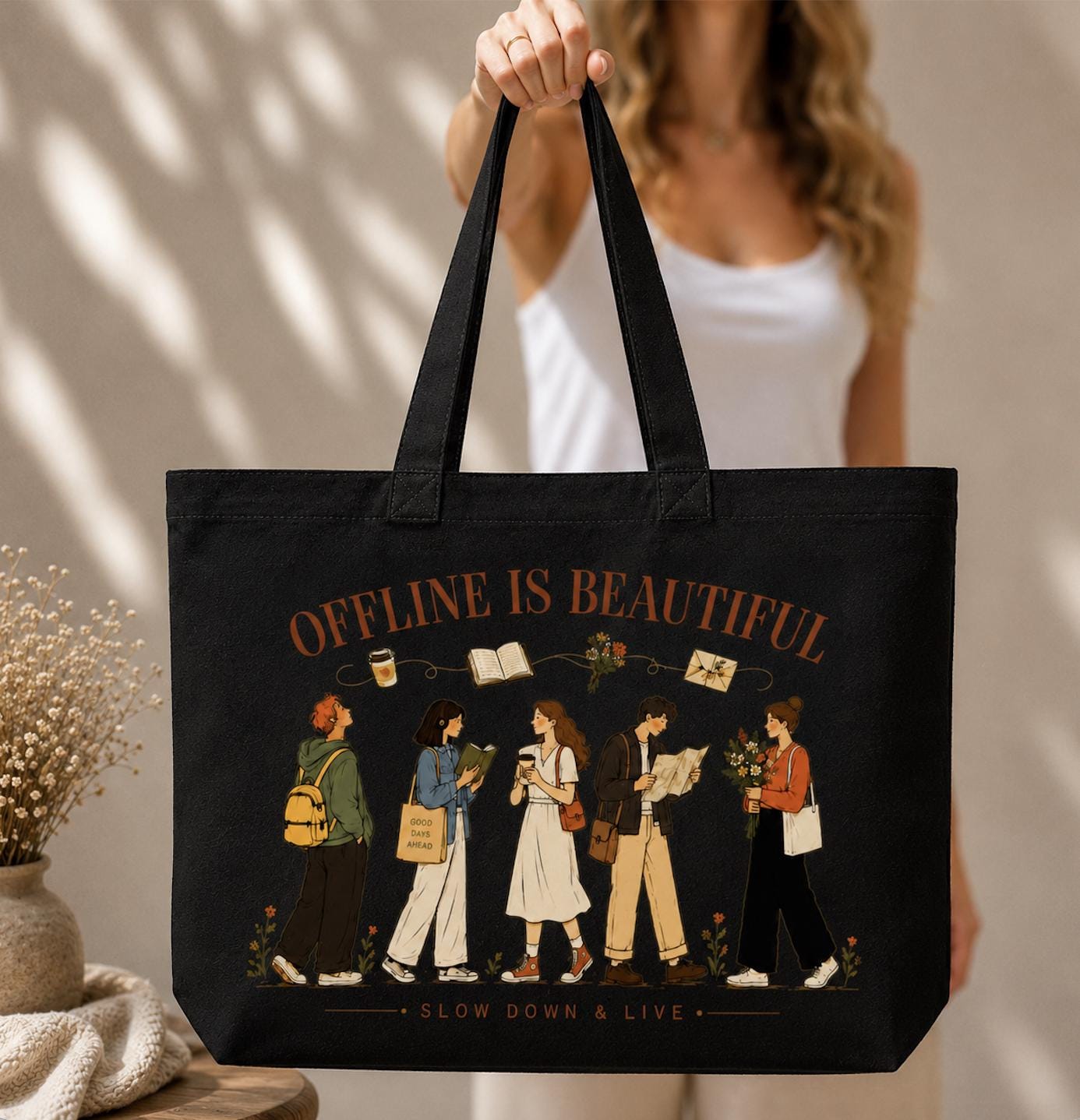 Offline Is Beautiful Canvas Tote Bag, Slow Living Tote, Book Lover Cotton Bag, Digital Detox Market Tote, Mindful Lifestyle Gift for Readers