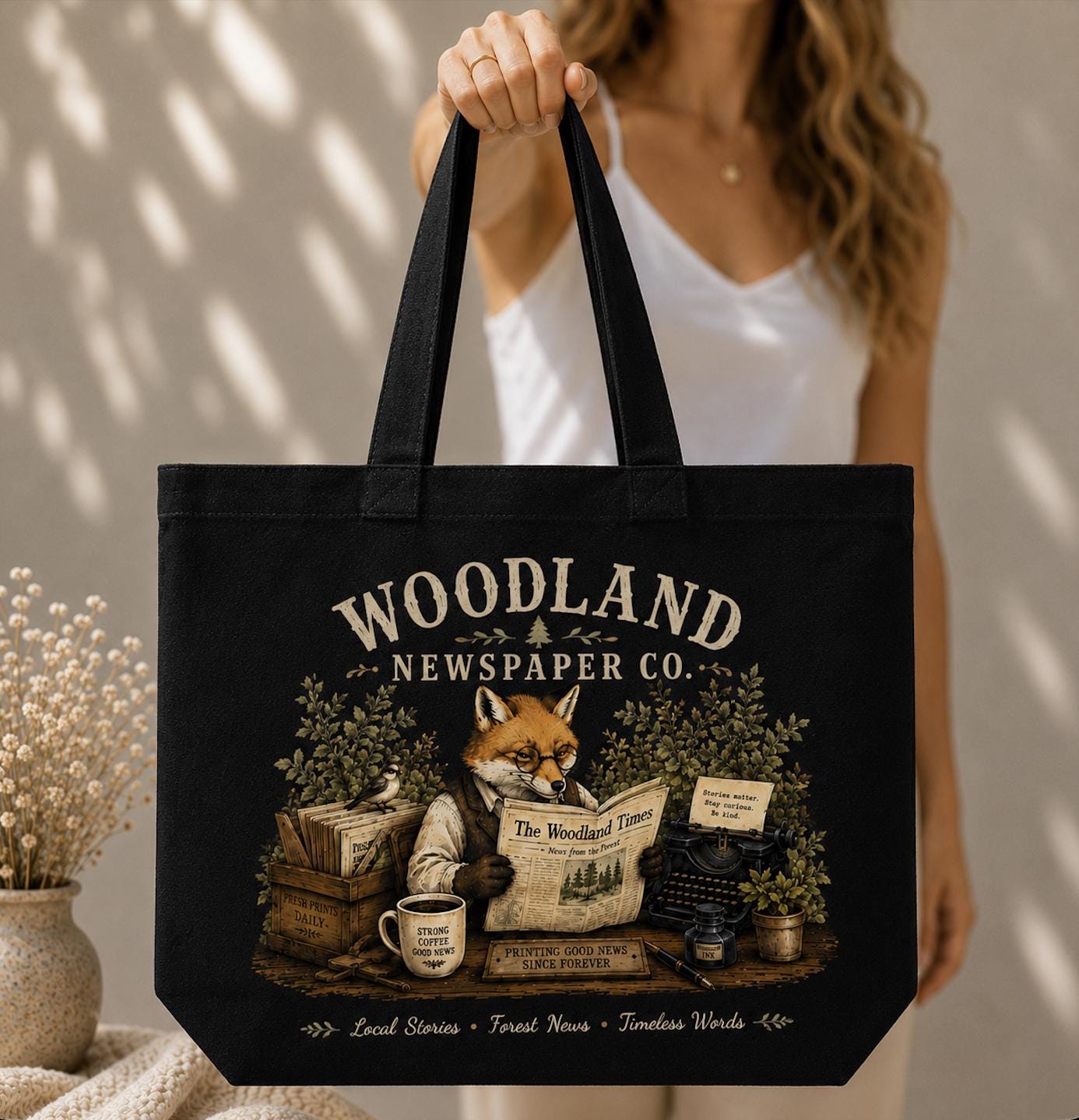 Woodland Newspaper Co Canvas Tote Bag, Fox Book Lover Tote, Cottagecore Forest Tote, Vintage Reading Bag, Woodland Animal Gift