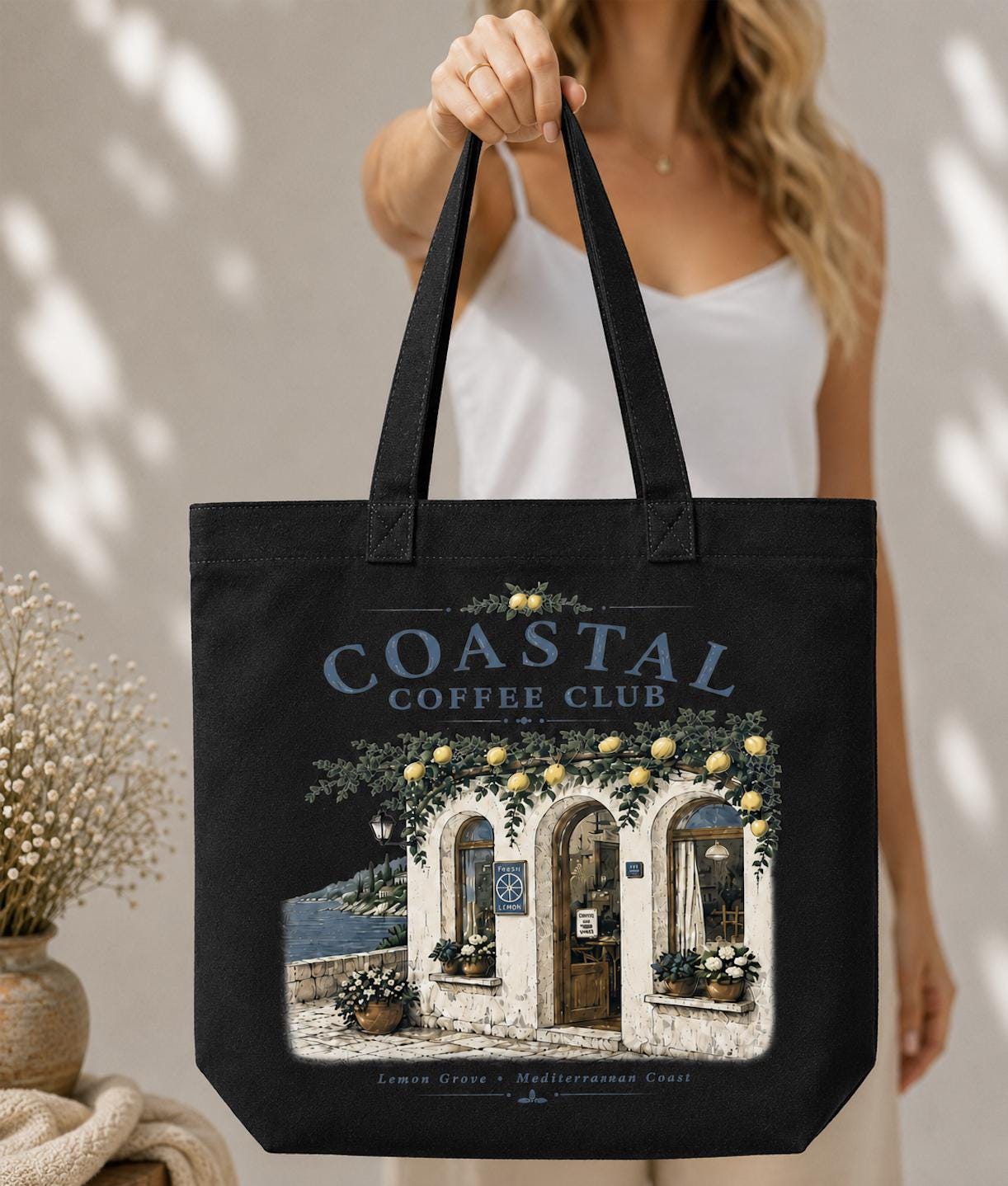 Coastal Coffee Club Canvas Tote Bag, Blue Coastal Tote, Mediterranean Cafe Bag, Seaside Coffee Lover Gift, Cotton Market Tote