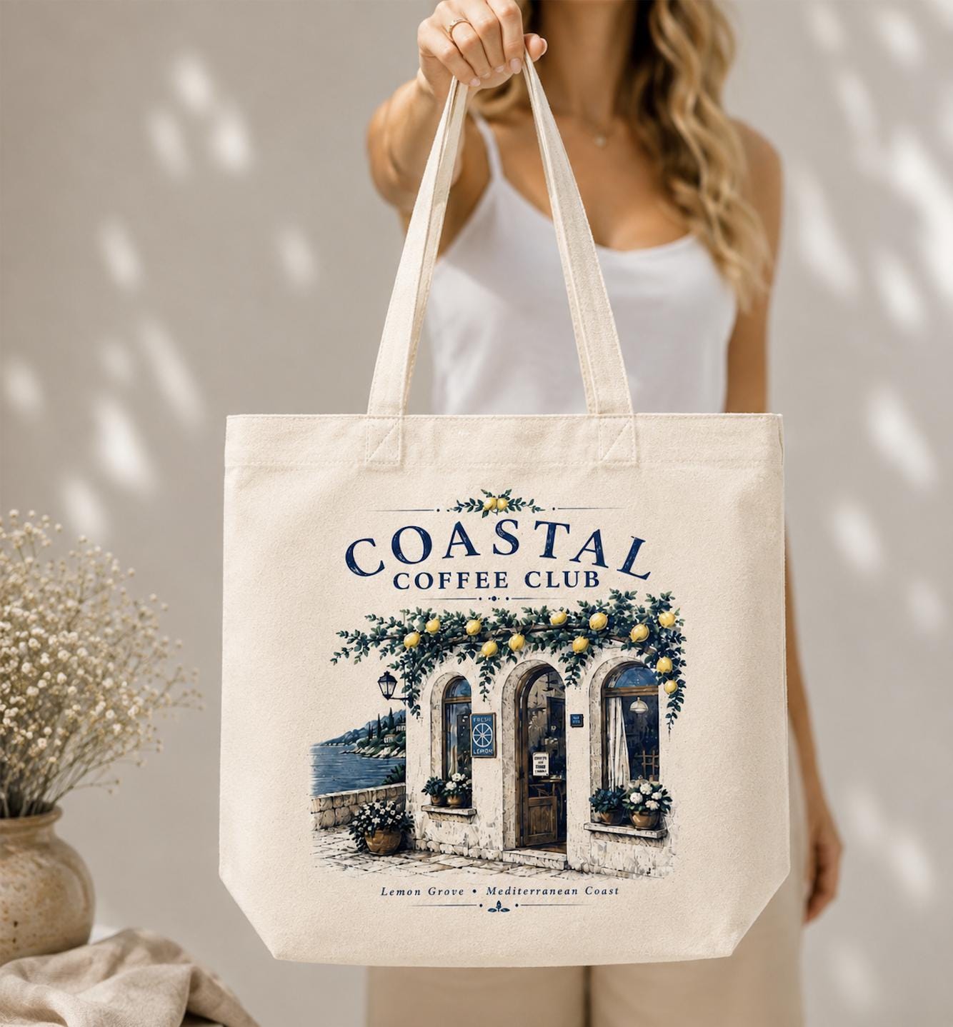 Coastal Coffee Club Canvas Tote Bag, Blue Coastal Tote, Mediterranean Cafe Bag, Seaside Coffee Lover Gift, Cotton Market Tote