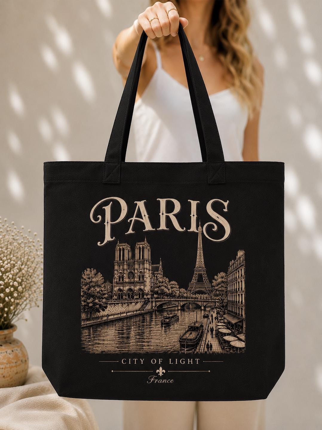 Paris France Canvas Tote Bag, City of Light Tote, Eiffel Tower Canvas Bag, Paris Travel Gift, French Landmark Cotton Tote