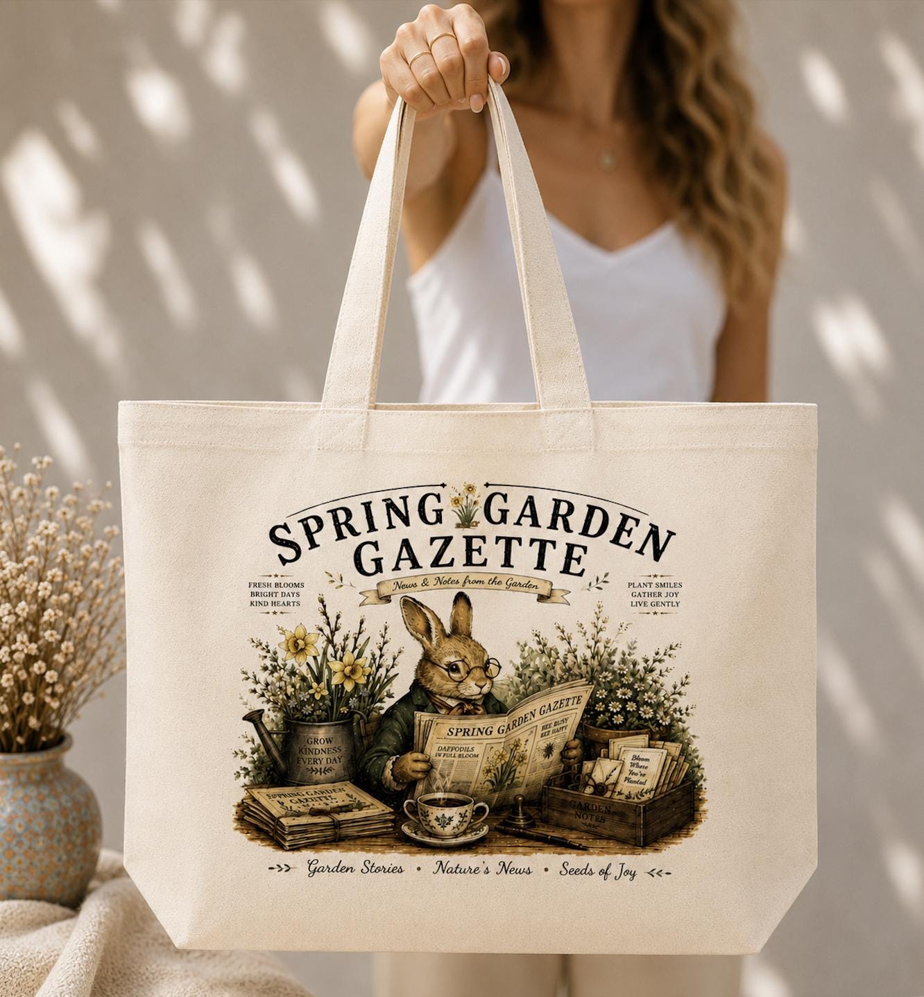 Spring Garden Gazette Canvas Tote Bag, Rabbit Garden Tote, Cottagecore Bunny Bag, Gardener Gift, Botanical Canvas Tote, Book Lover Gift