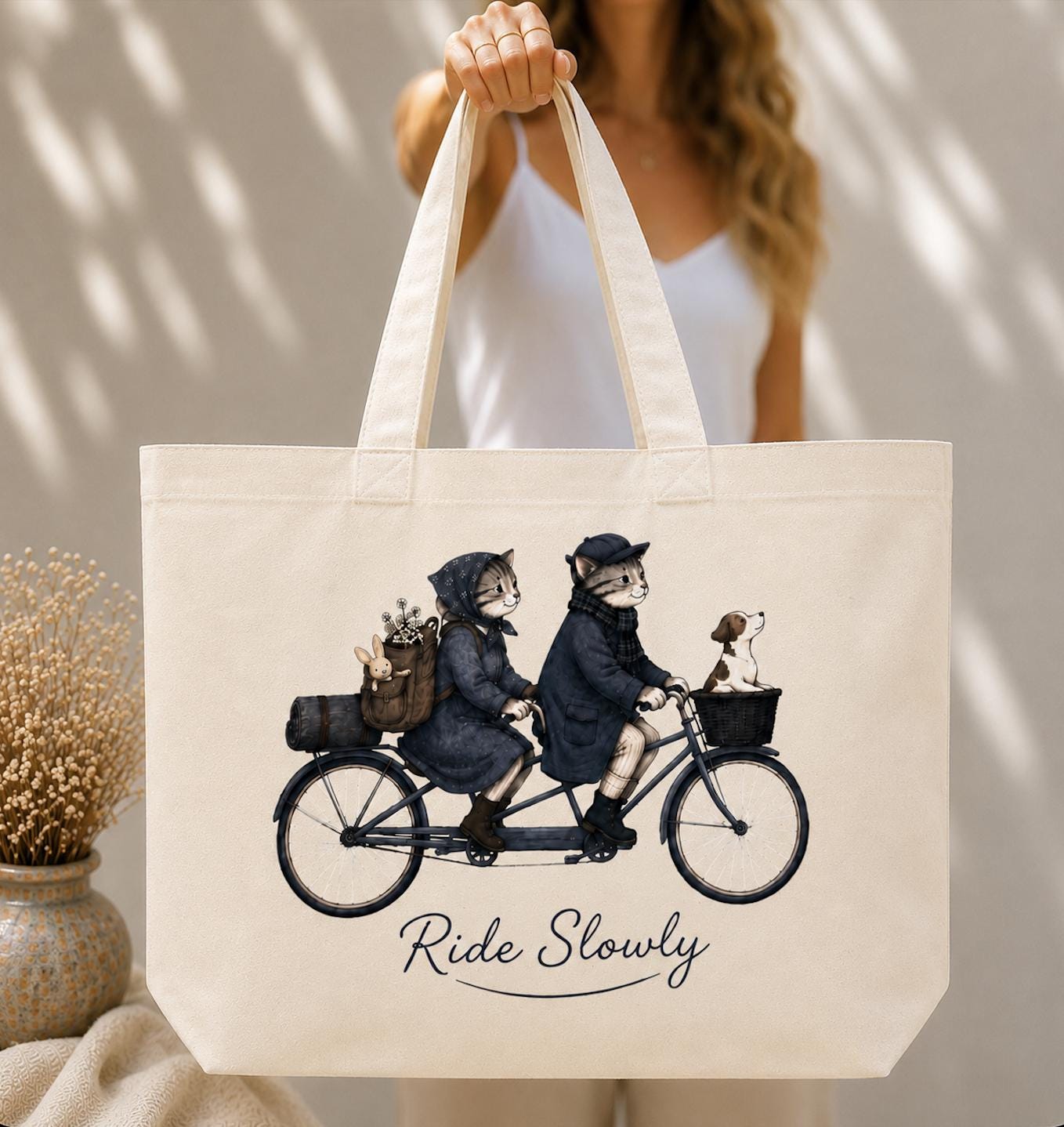 Ride Slowly Canvas Tote Bag, Cat Lover Bicycle Tote, Cute Cats on Tandem Bike, Cottagecore Canvas Bag, Book Lover Market Tote Gift