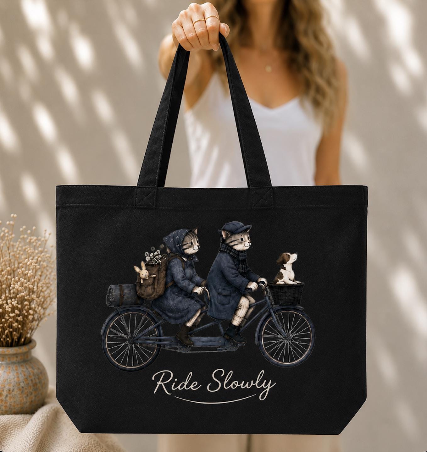 Ride Slowly Canvas Tote Bag, Cat Lover Bicycle Tote, Cute Cats on Tandem Bike, Cottagecore Canvas Bag, Book Lover Market Tote Gift