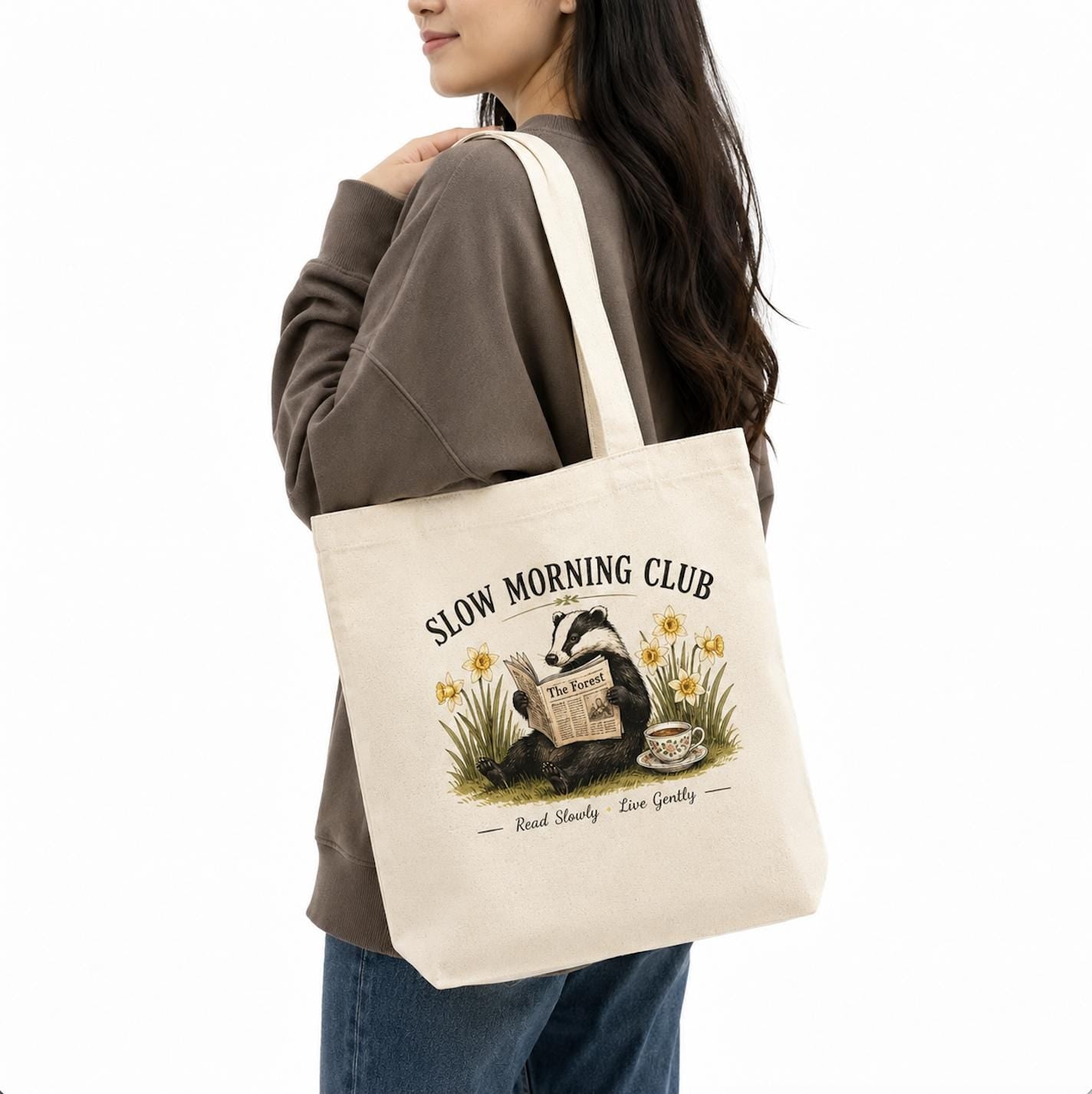 Slow Morning Club Canvas Tote Bag, Reading Badger Book Lover Tote, Cottagecore Book Bag, Nature Market Tote, Eco Cotton Gift for Readers
