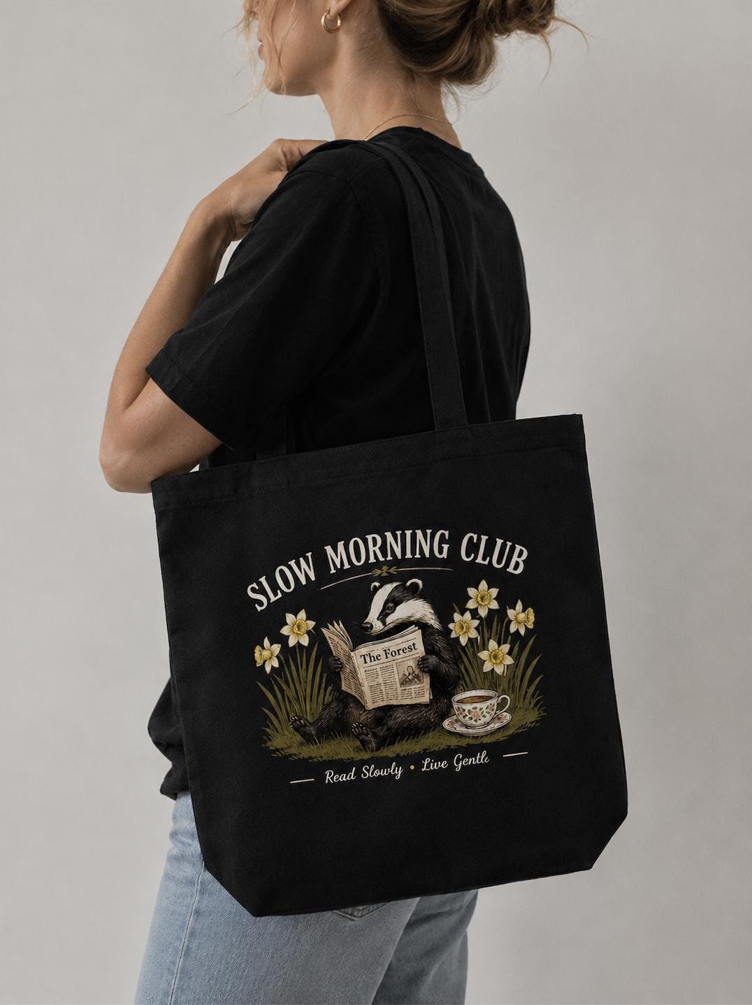 Slow Morning Club Canvas Tote Bag, Reading Badger Book Lover Tote, Cottagecore Book Bag, Nature Market Tote, Eco Cotton Gift for Readers