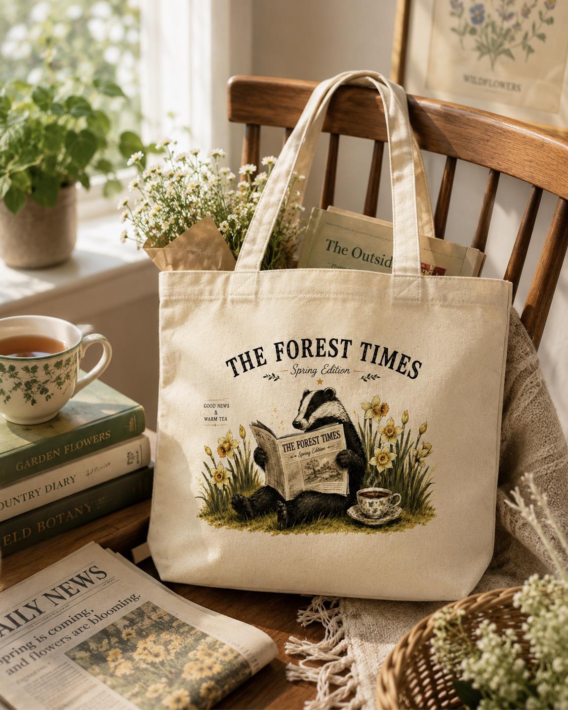 The Forest Times Canvas Tote Bag, Spring Edition Book Lover Tote, Cottagecore Reading Bag, Woodland Badger Tote, Reusable Market Bag Gift
