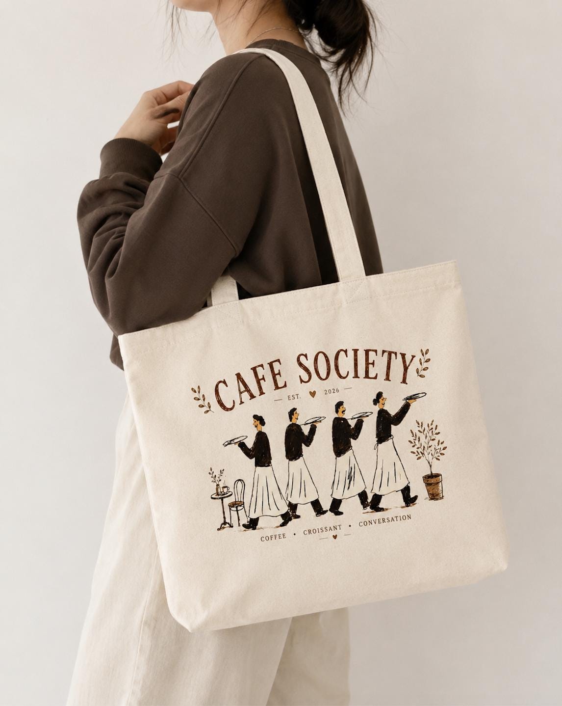 Cafe Society Canvas Tote Bag, Coffee Lover Tote, French Cafe Market Bag, Barista Gift, Croissant Canvas Tote, Minimalist Cotton Shopping Bag