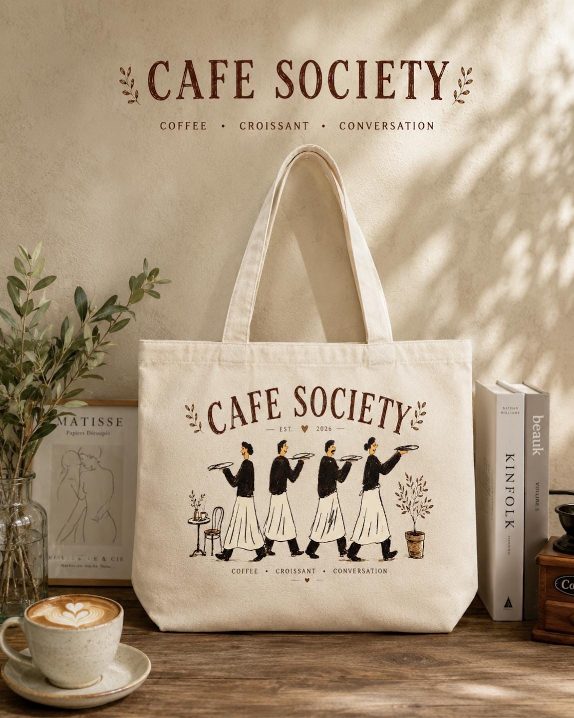 Cafe Society Canvas Tote Bag, Coffee Lover Tote, French Cafe Market Bag, Barista Gift, Croissant Canvas Tote, Minimalist Cotton Shopping Bag