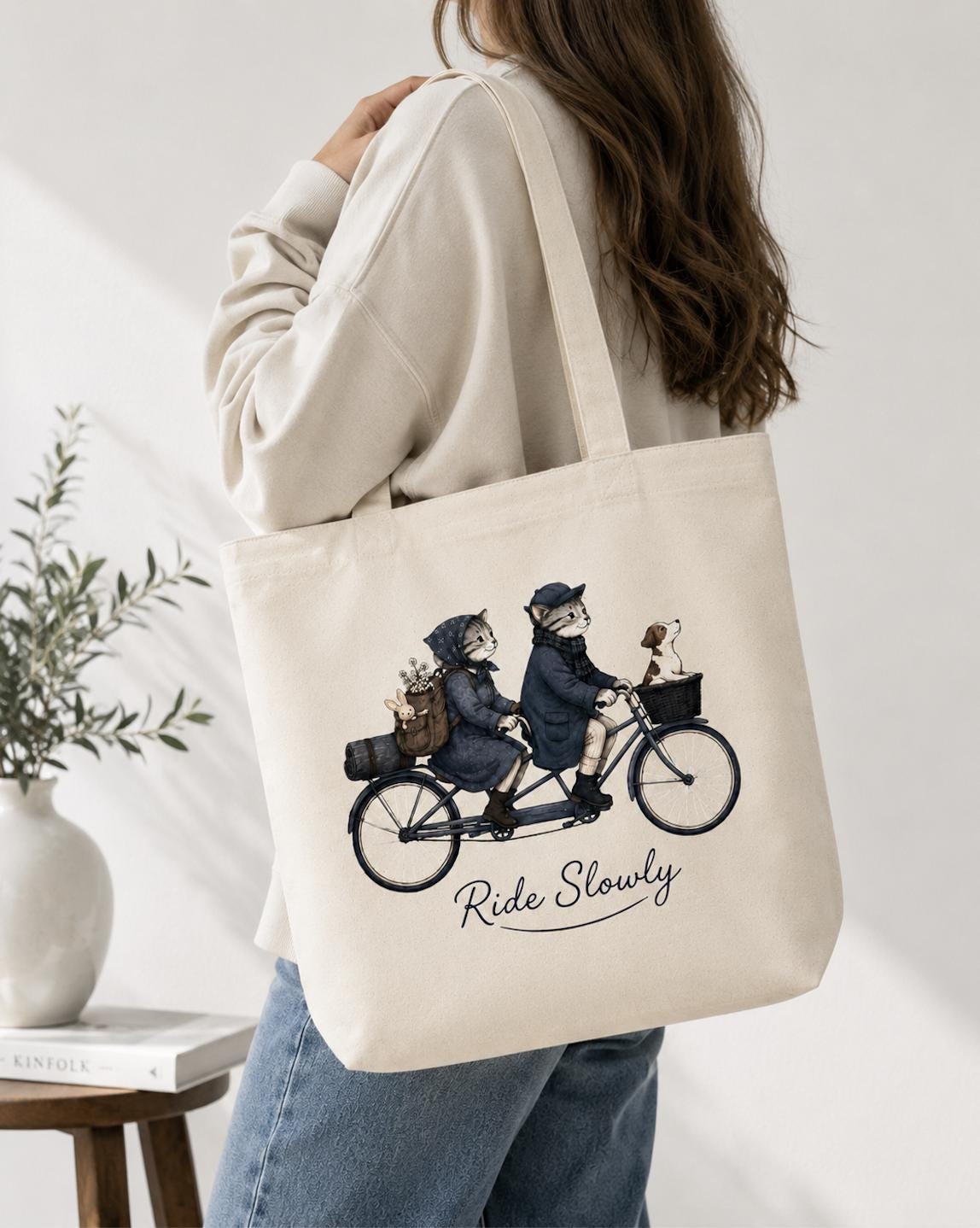 Ride Slowly Canvas Tote Bag, Cat Lover Bicycle Tote, Cute Cats on Tandem Bike, Cottagecore Canvas Bag, Book Lover Market Tote Gift