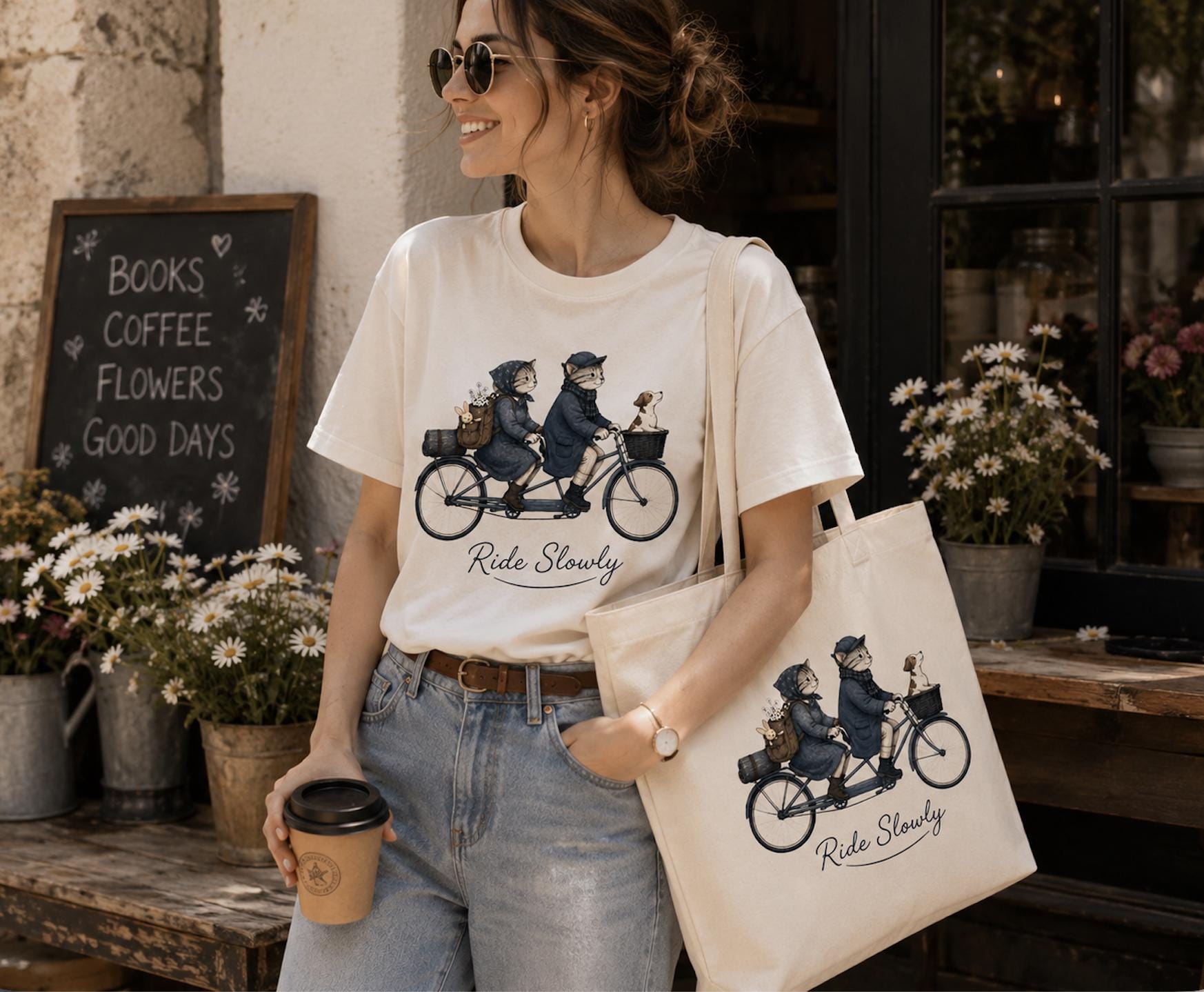 Ride Slowly Canvas Tote Bag, Cat Lover Bicycle Tote, Cute Cats on Tandem Bike, Cottagecore Canvas Bag, Book Lover Market Tote Gift
