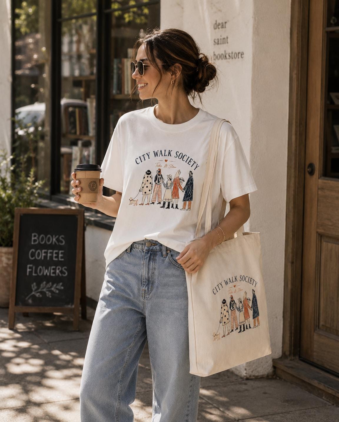 City Walk Society Canvas Tote Bag, Black Cotton Tote, Urban Lifestyle Bag, Slow Living Tote, Weekend Market Tote, Gift for Her