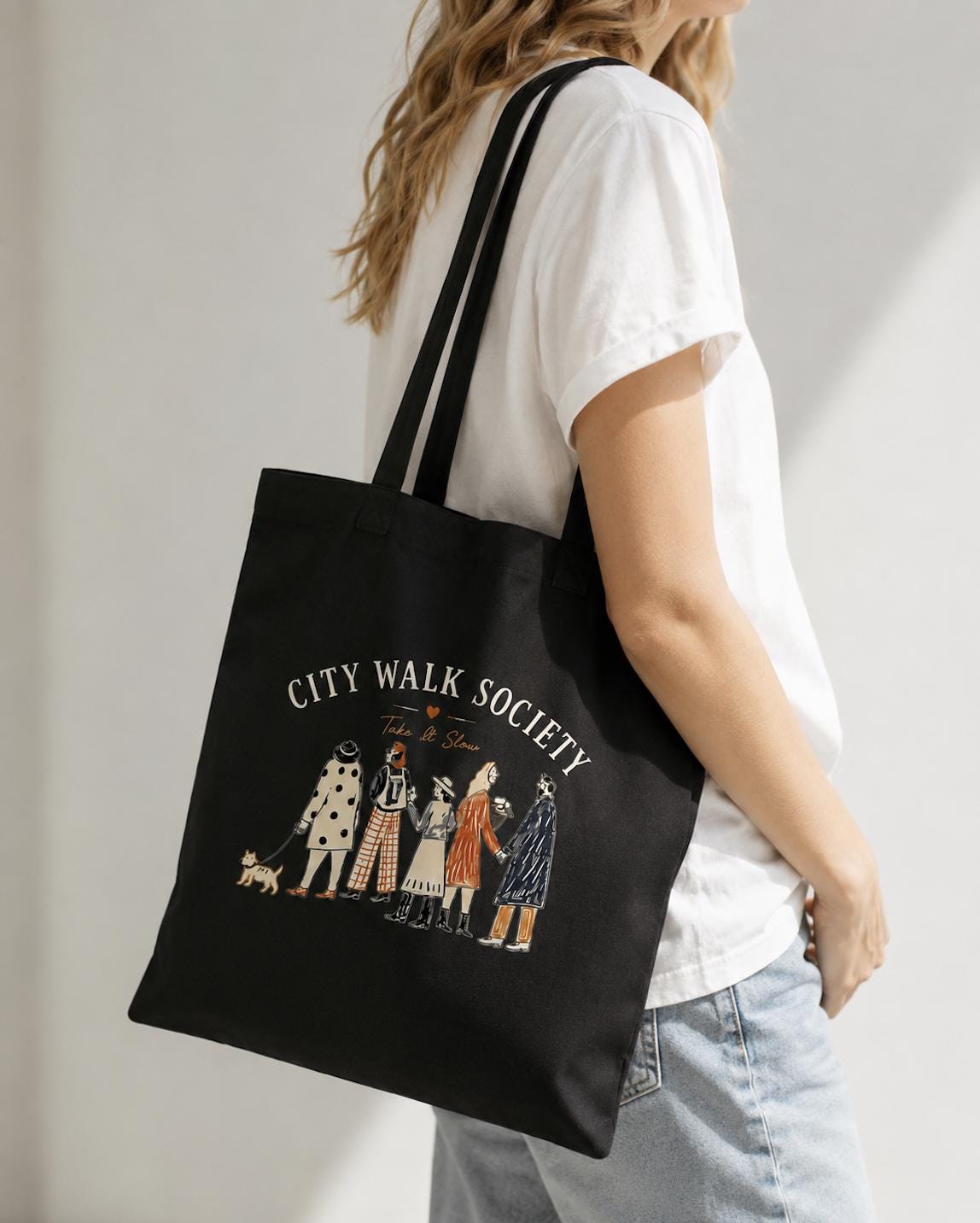 City Walk Society Canvas Tote Bag, Black Cotton Tote, Urban Lifestyle Bag, Slow Living Tote, Weekend Market Tote, Gift for Her