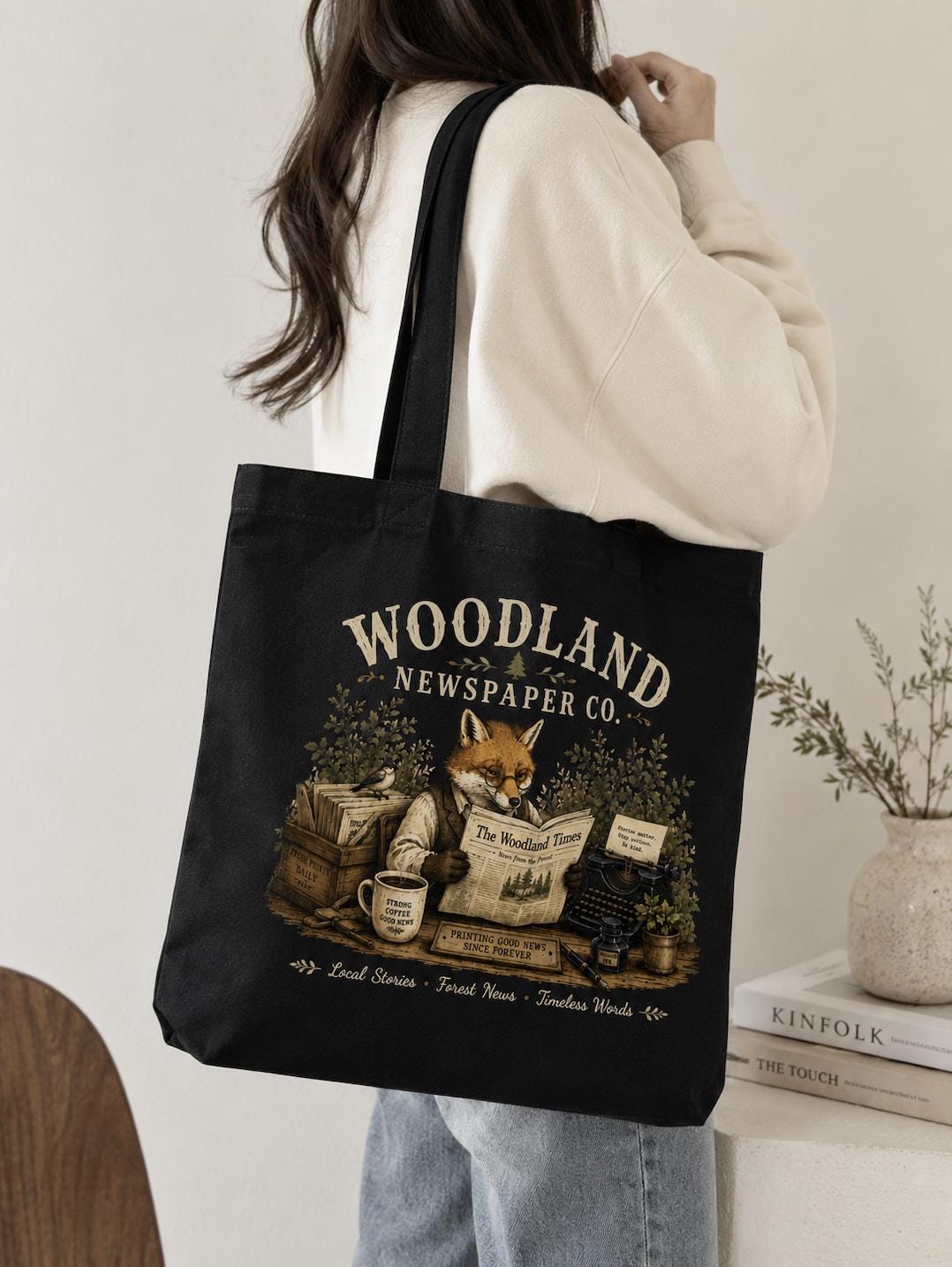 Woodland Newspaper Co Canvas Tote Bag, Fox Book Lover Tote, Cottagecore Forest Tote, Vintage Reading Bag, Woodland Animal Gift