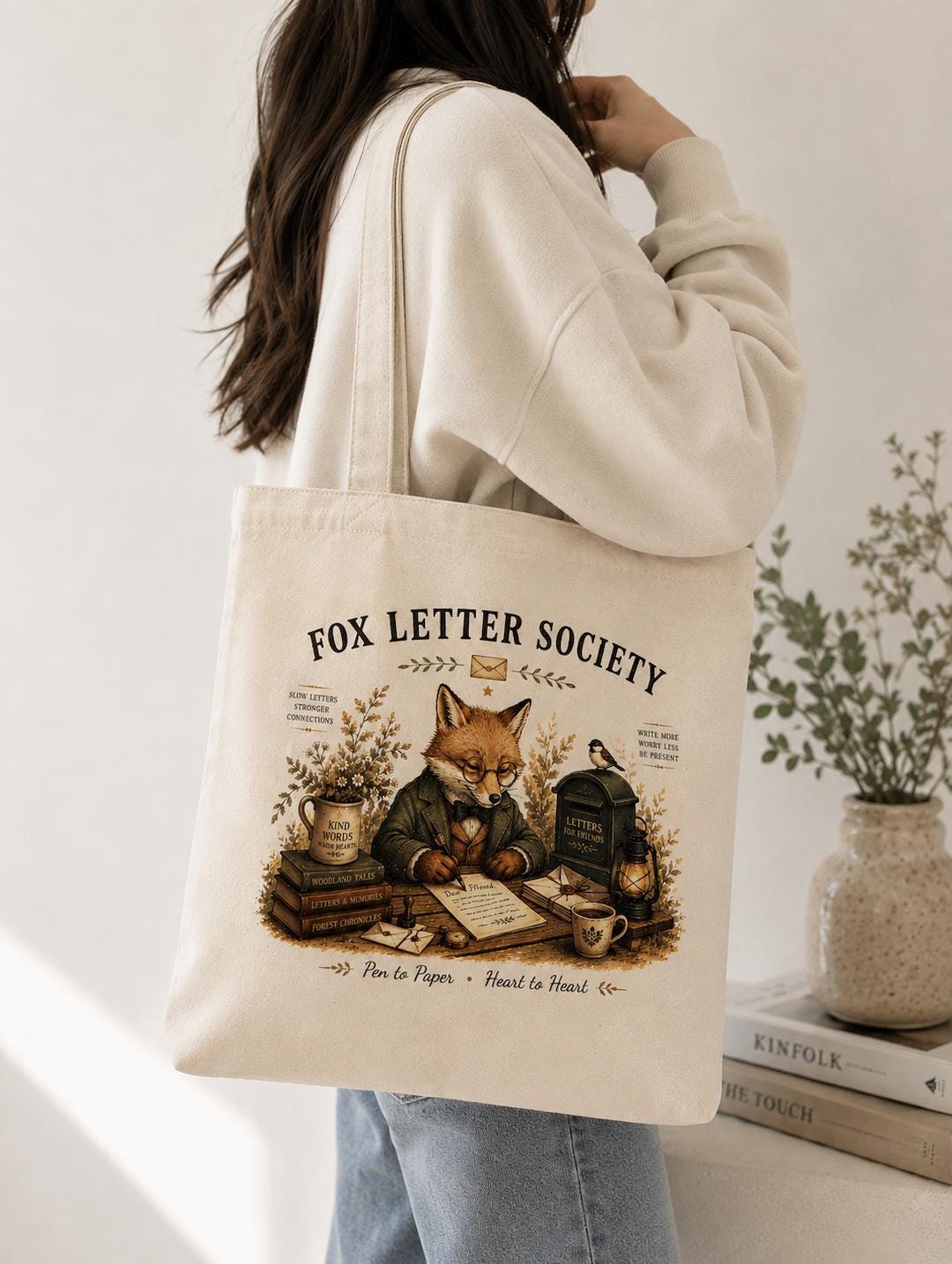 Fox Letter Society Canvas Tote Bag, Pen Pal Gift, Letter Writing Tote, Cottagecore Fox Tote, Stationery Lover Canvas Bag, Writer Gift