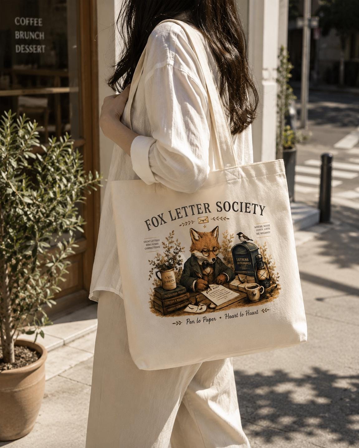 Fox Letter Society Canvas Tote Bag, Pen Pal Gift, Letter Writing Tote, Cottagecore Fox Tote, Stationery Lover Canvas Bag, Writer Gift