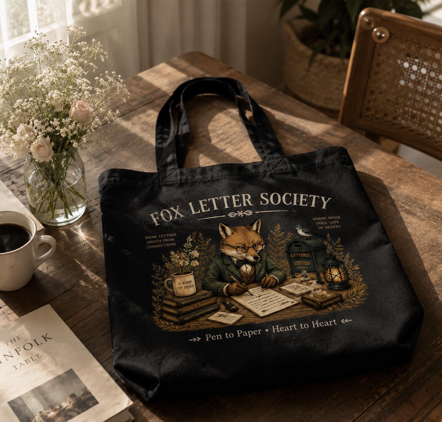Fox Letter Society Canvas Tote Bag, Pen Pal Gift, Letter Writing Tote, Cottagecore Fox Tote, Stationery Lover Canvas Bag, Writer Gift