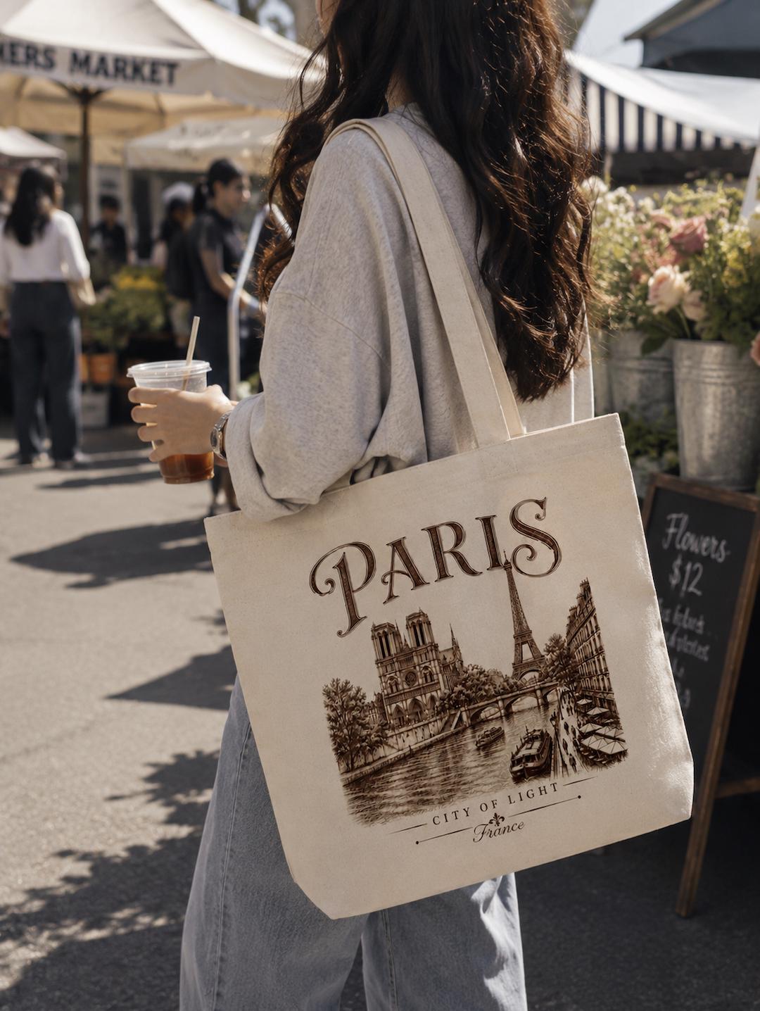 Paris France Canvas Tote Bag, City of Light Tote, Eiffel Tower Canvas Bag, Paris Travel Gift, French Landmark Cotton Tote