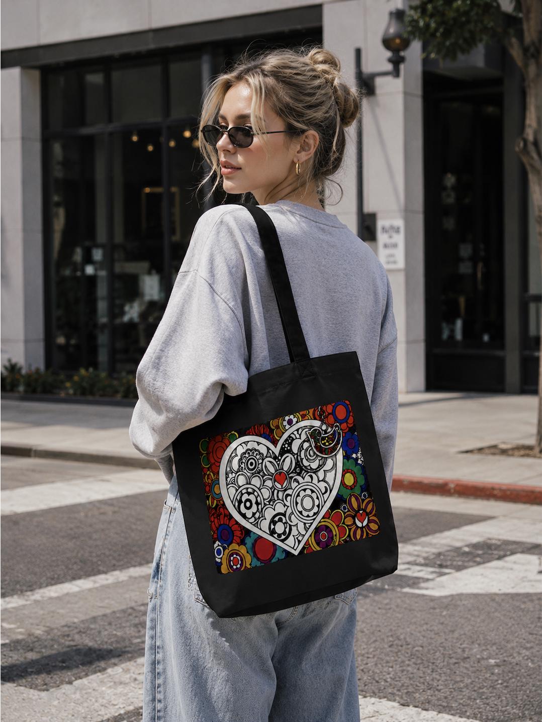 Colorful Heart Canvas Tote Bag – Floral Folk Art Cotton Tote | Boho Love Graphic Reusable Shopping Bag
